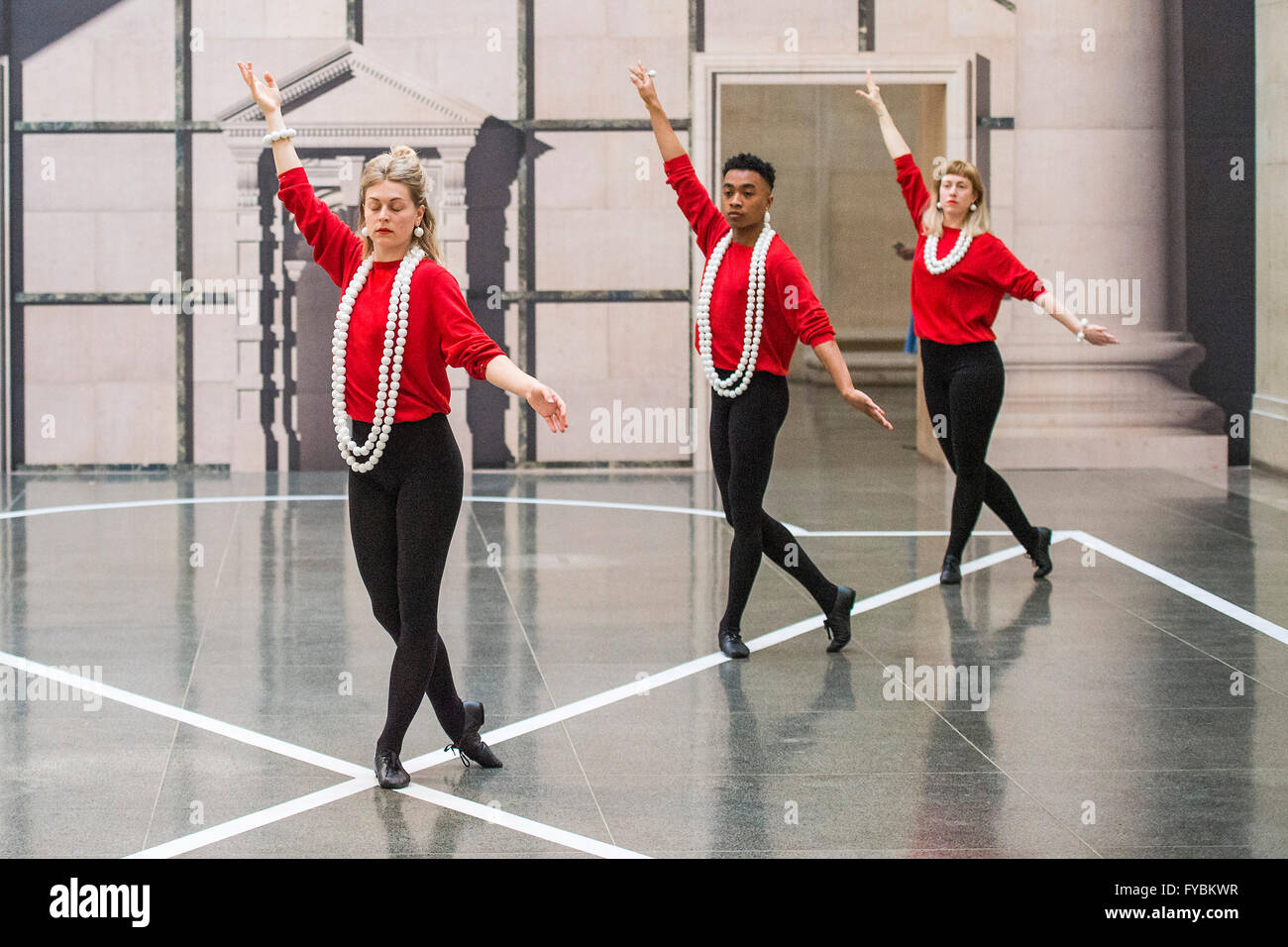 London, UK. 25th Apr, 2016. Pablo Bronstein: Historical Dances in an Antique Setting. A new live performance piece, which has been created as part of the annual Tate Britain Commission (in which a leading contemporary artist is invited to develop a new large-scale work in response to the neo-classical Duveen Galleries). Historical Dances in An Antique Setting is the artist’s most ambitious project to date. It involves a continuous live performance from three dancers, who weave up and down the gallery blending Baroque choreography with contemporary dance. Credit:  Guy Bell/Alamy Live News Stock Photo