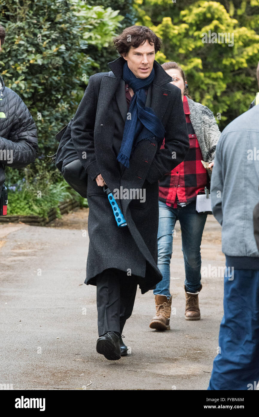 Cardiff, UK. 25th April, 2016. Benedict Cumberbatch is spotted on the set of Sherlock.   Credit:  Polly Thomas/Alamy Live News Stock Photo