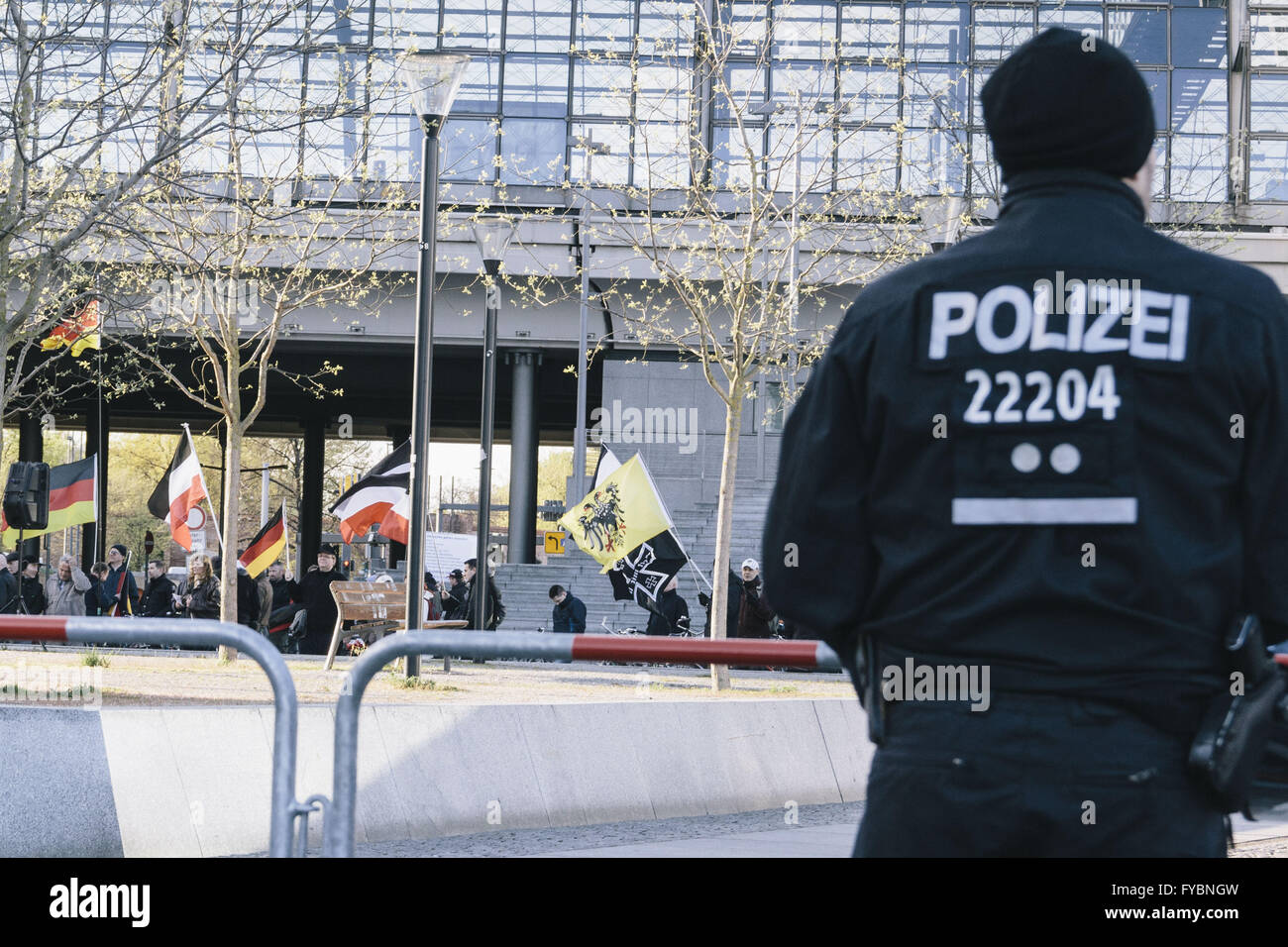 Berlin, Berlin, Germany. 25th Apr, 2016. Protesters during the right-wing Baergida Rally in front of Berlin Central Station. Baergida, an Anti-Islamic, anti-immigration, far-right movement meet for the 69th time since their first rally in January 2015. © Jan Scheunert/ZUMA Wire/Alamy Live News Stock Photo