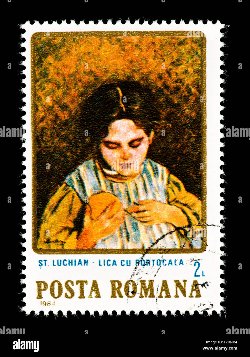 Postage stamp from Romania depicting the S. Ludhiana painting Girl with Orange. Stock Photo