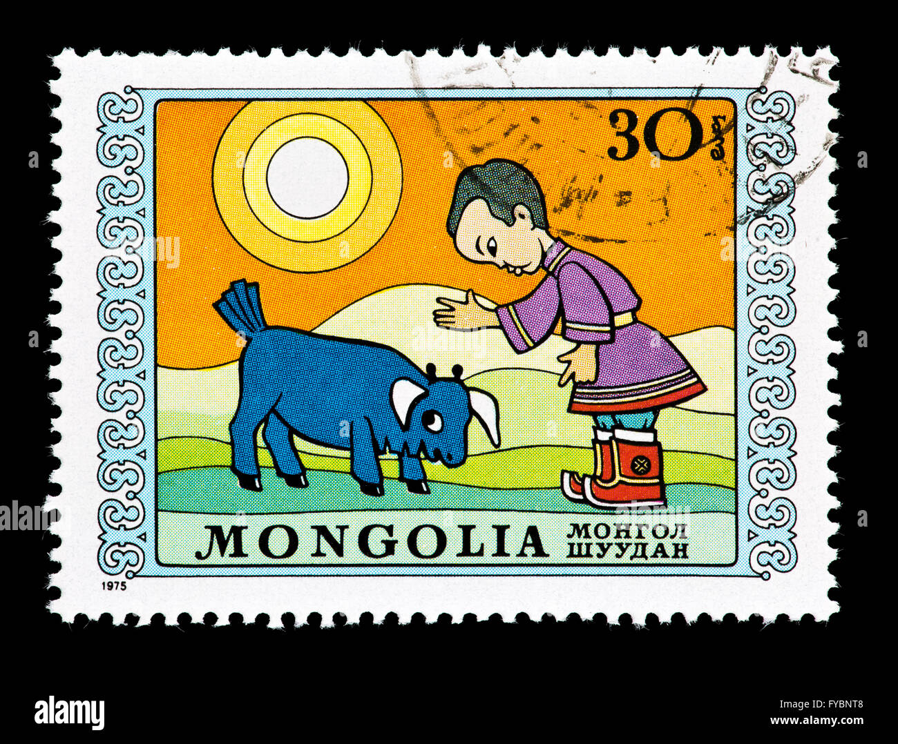 Postage stamp from Mongolia depicting a boy and disobedient bull. Stock Photo