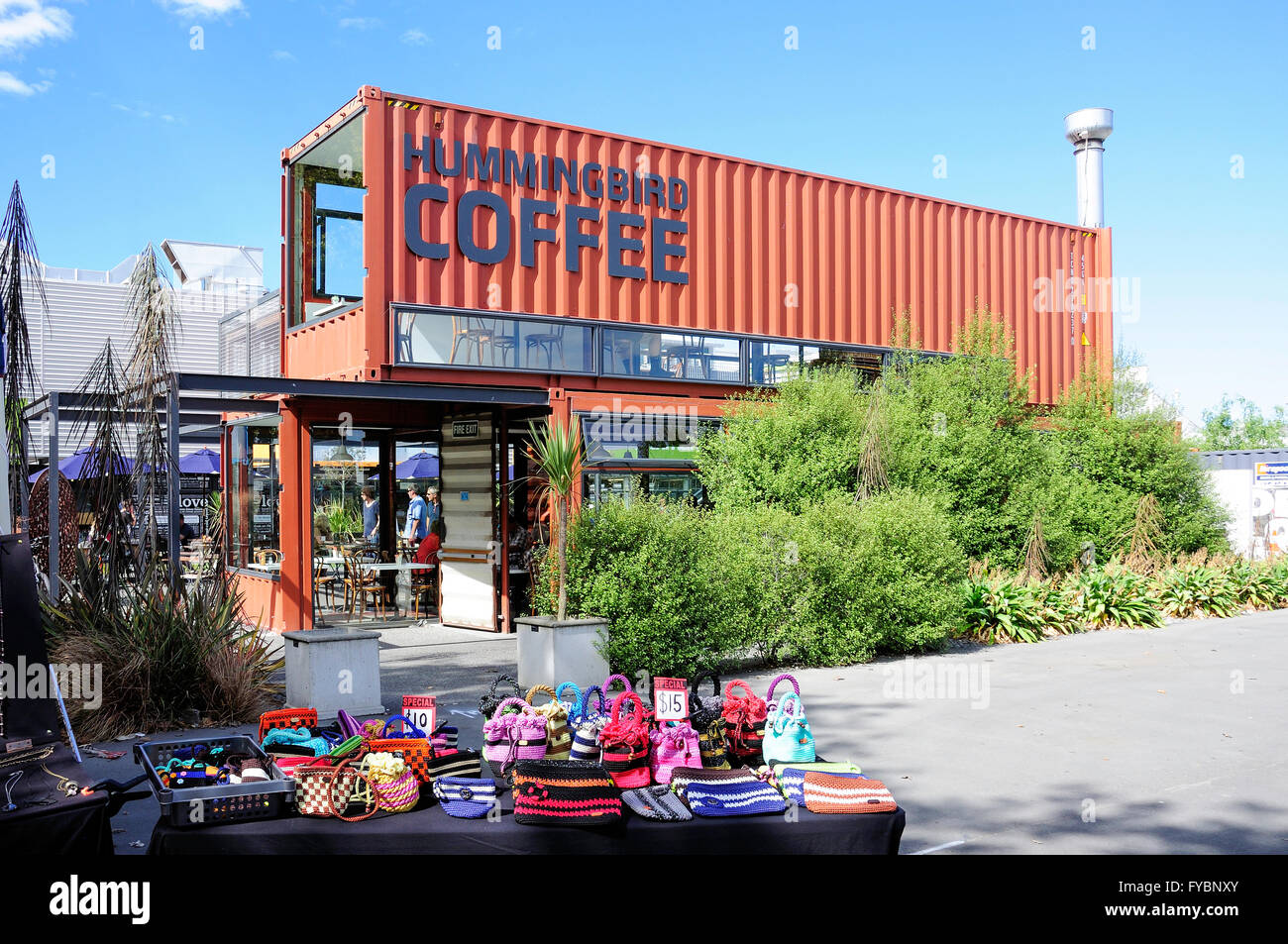 Hummingbird coffee shop at Re:START Container Mall, Cashel Street, Christchurch, Canterbury, New Zealand Stock Photo