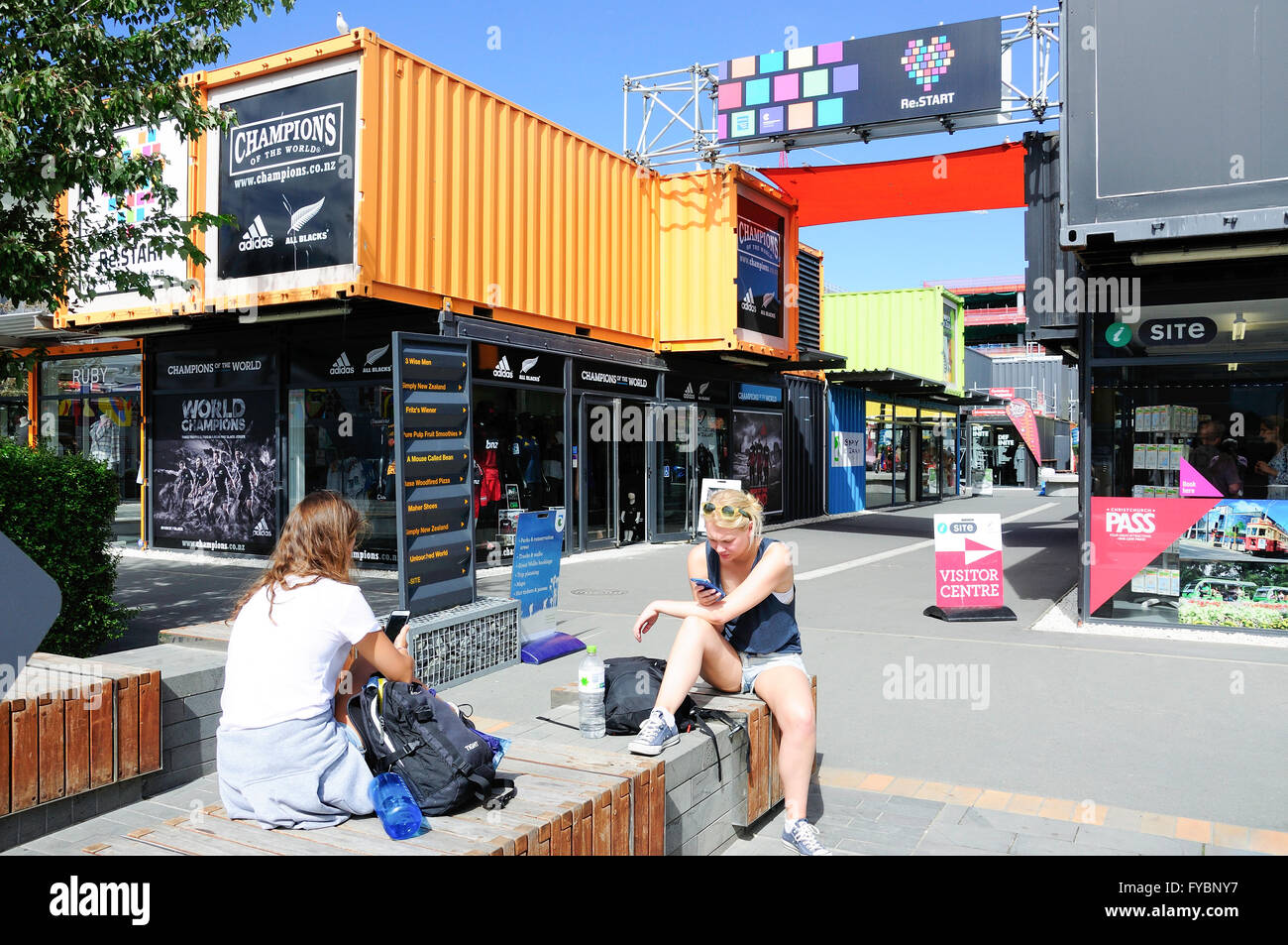 Entrance to Re:START Container Mall, Cashel Street, Christchurch, Canterbury, New Zealand Stock Photo