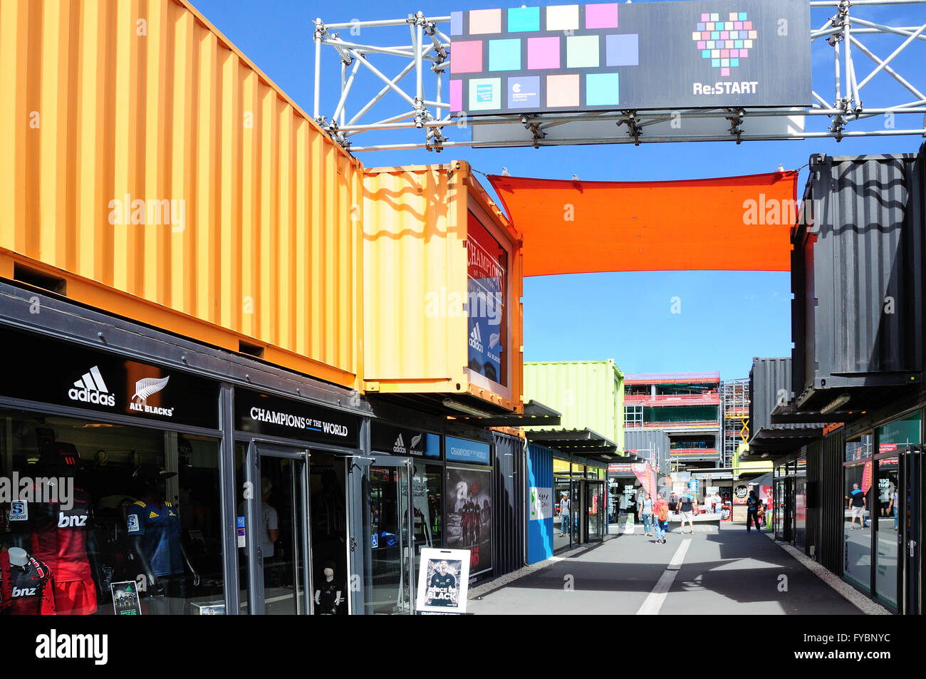 Entrance to Re:START Container Mall, Cashel Street, Christchurch, Canterbury, New Zealand Stock Photo