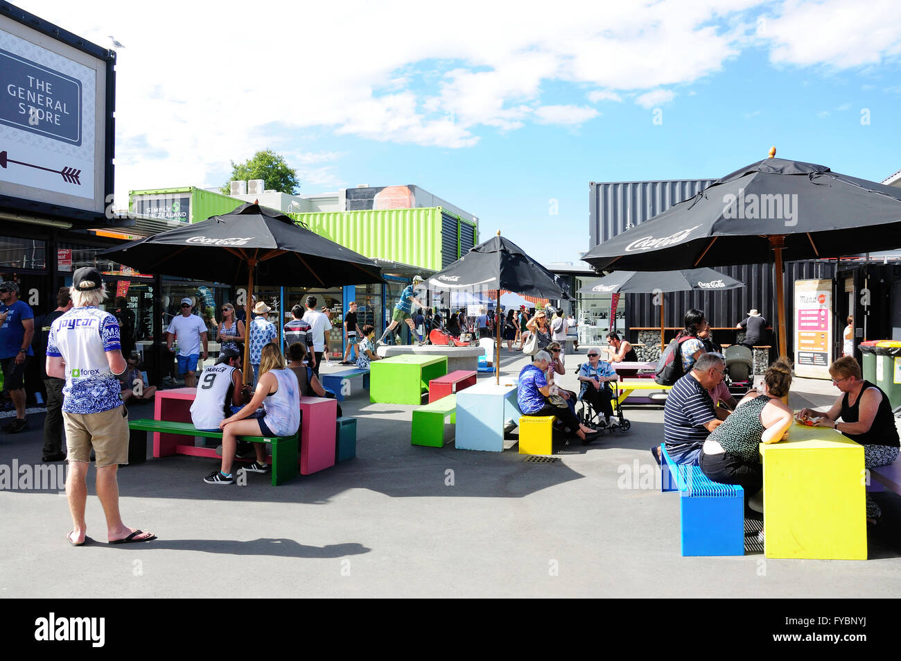 Food court at Re:START Container Mall, Cashel Street, Christchurch, Canterbury, New Zealand Stock Photo