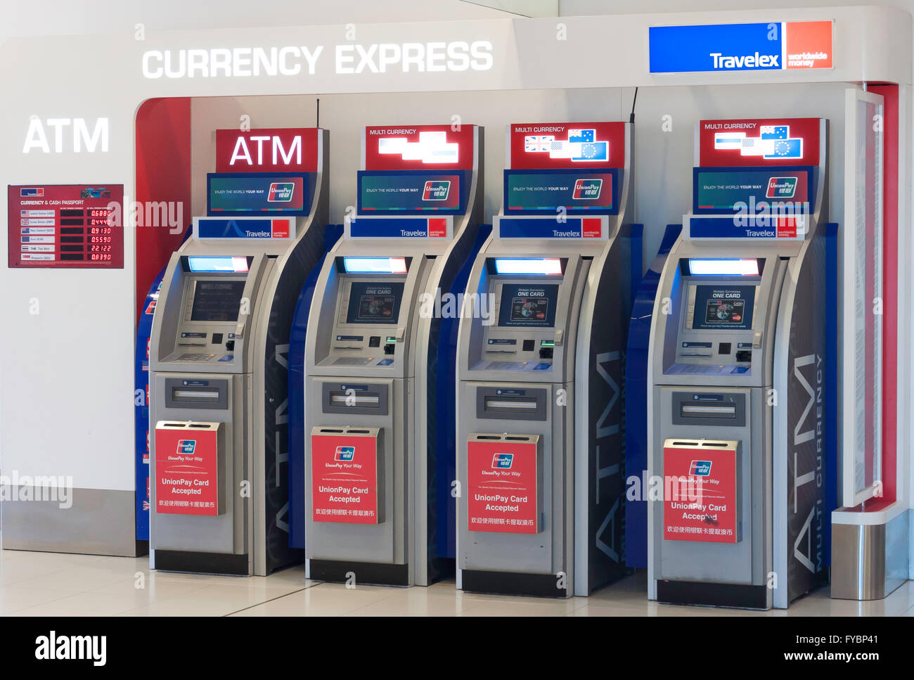 Currency express ATM Machines at gates in Sydney Kingsford Smith Airport, Mascot, Sydney, New South Wales, Australia Stock Photo