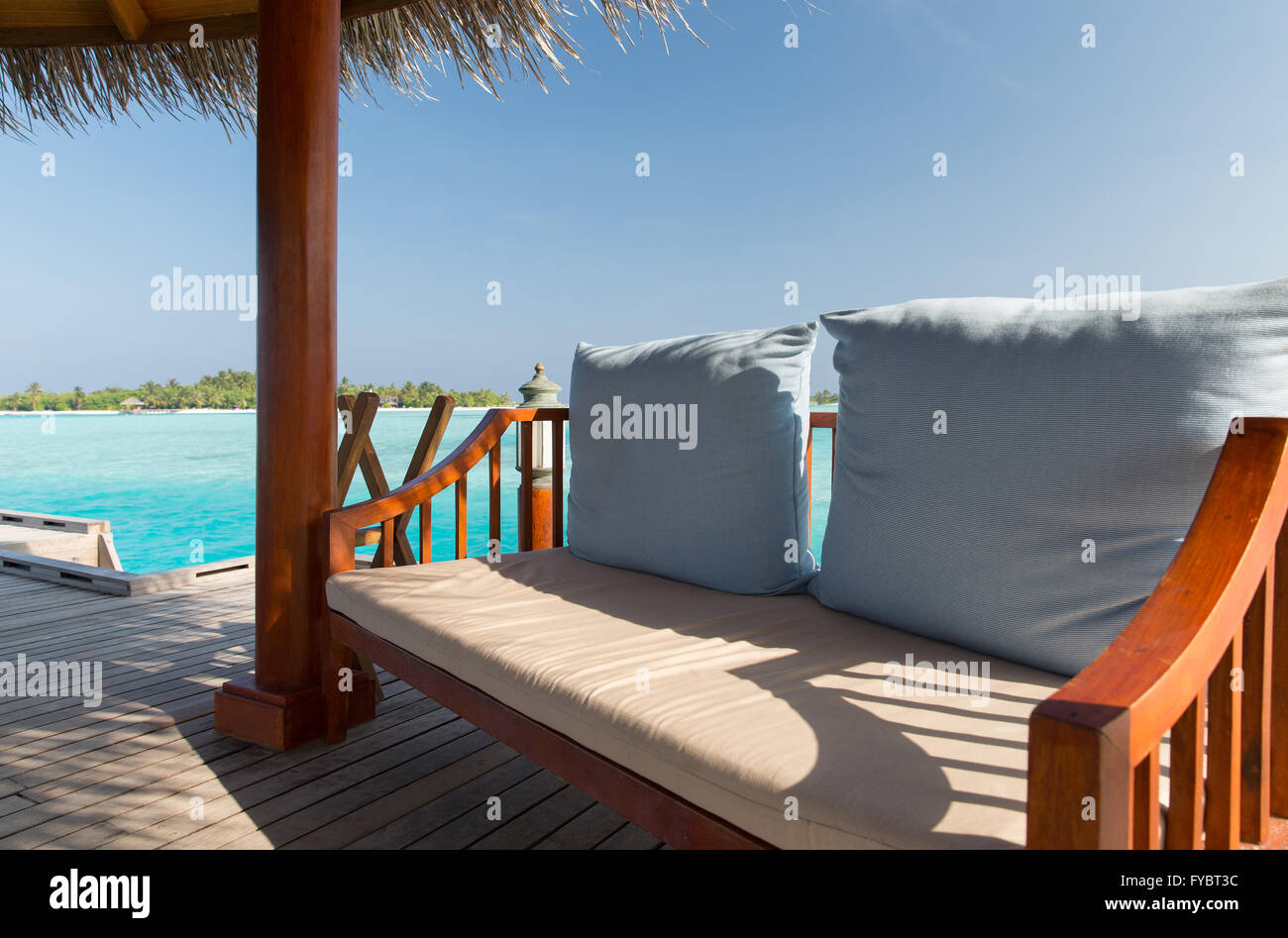 patio or terrace with canopy and bench on beach Stock Photo Alamy