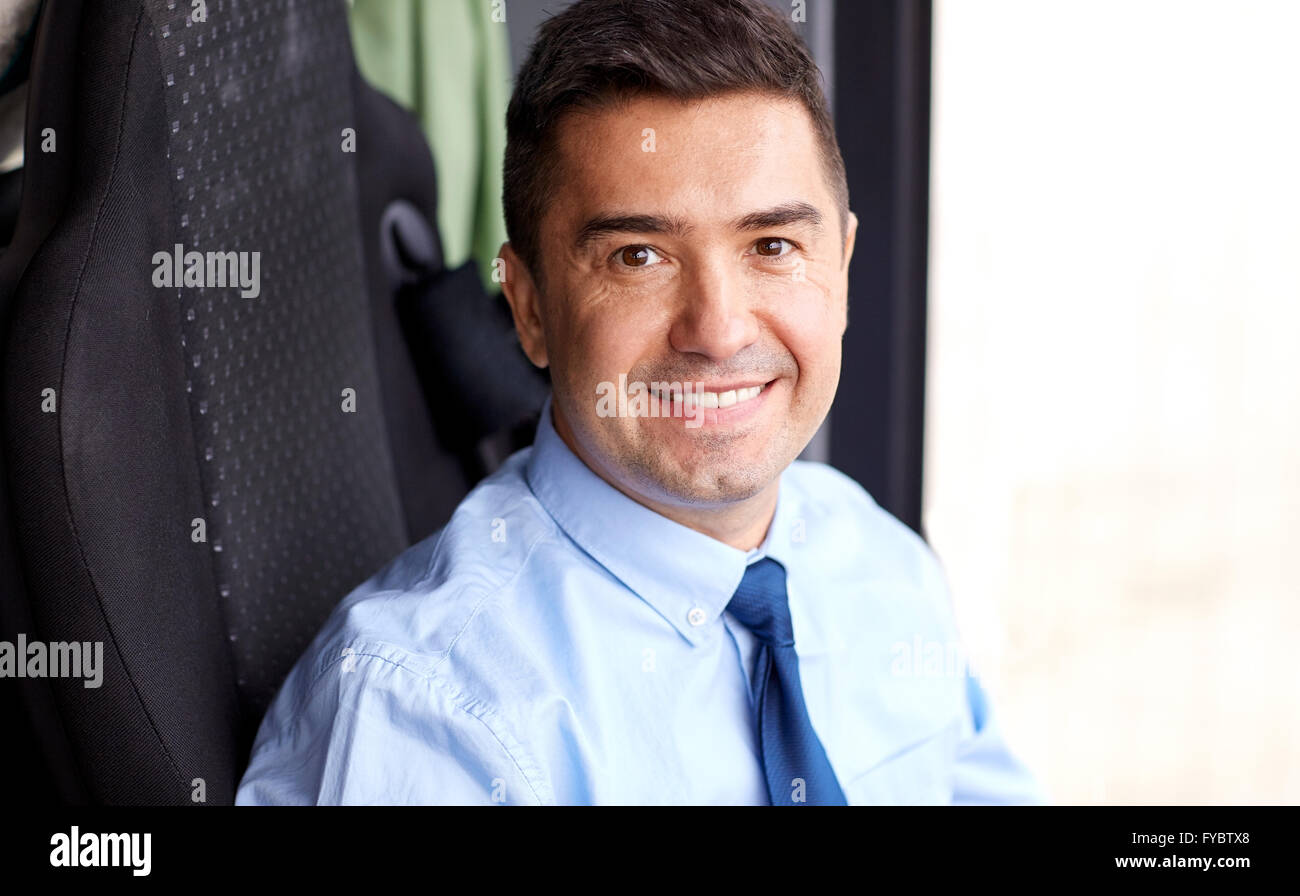 close up of happy bus driver or businessman Stock Photo