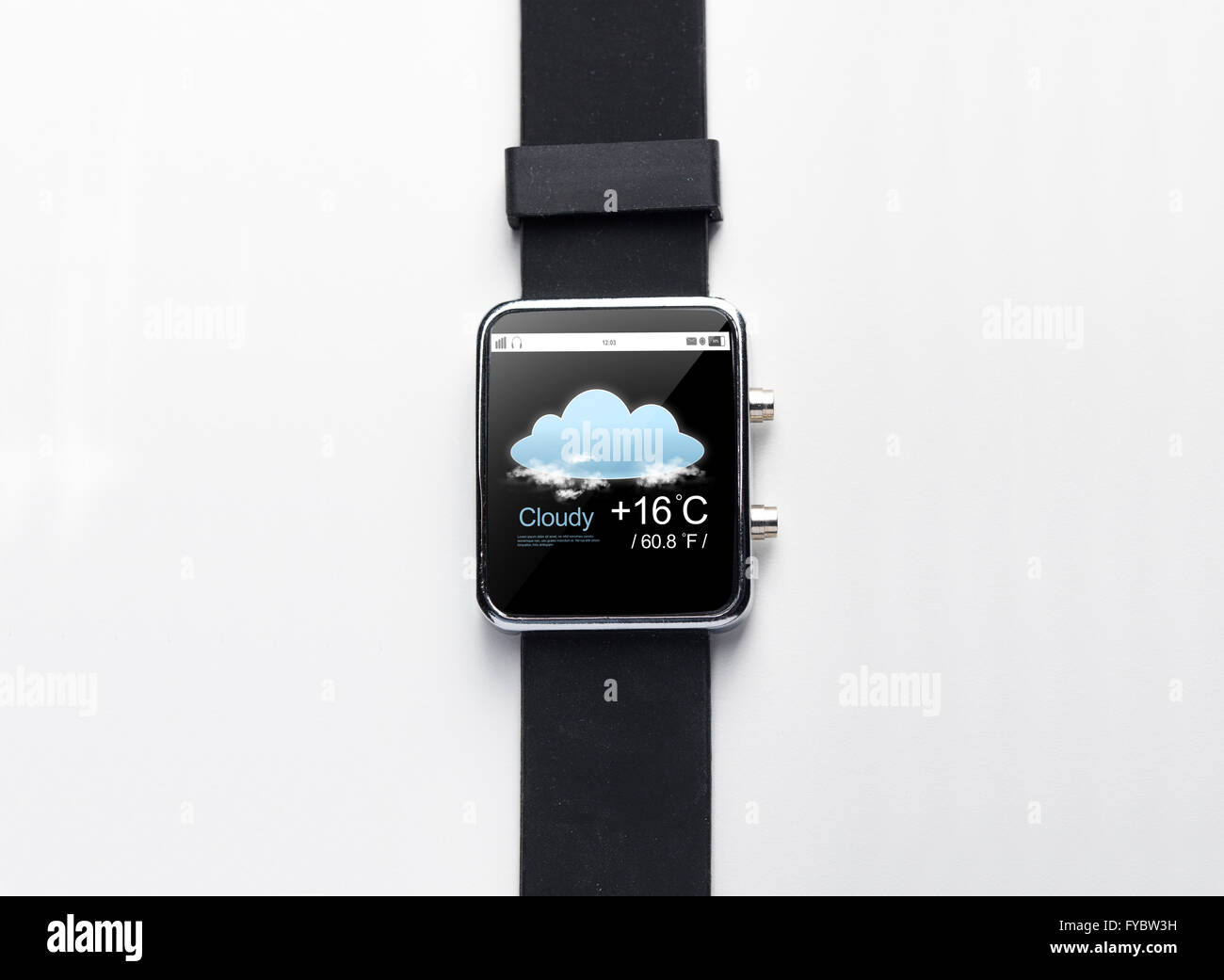 close up of smart watch with weather forecast app Stock Photo