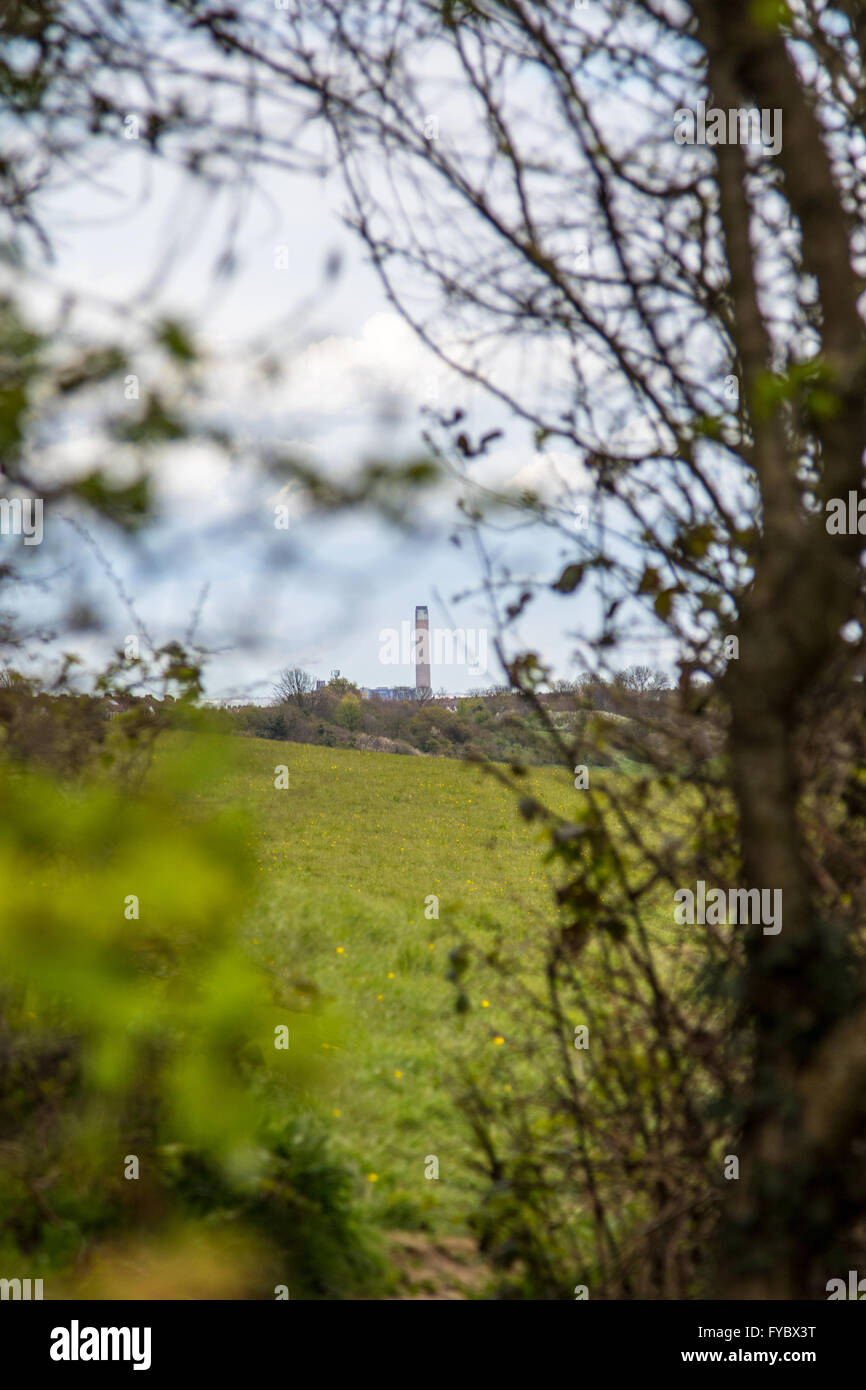 Isle of Grain power station chimney framed by trees as seen from Horsted Stock Photo