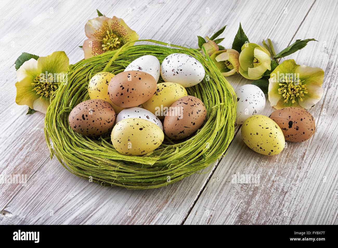 yellow green easter decoration on wooden background Stock Photo