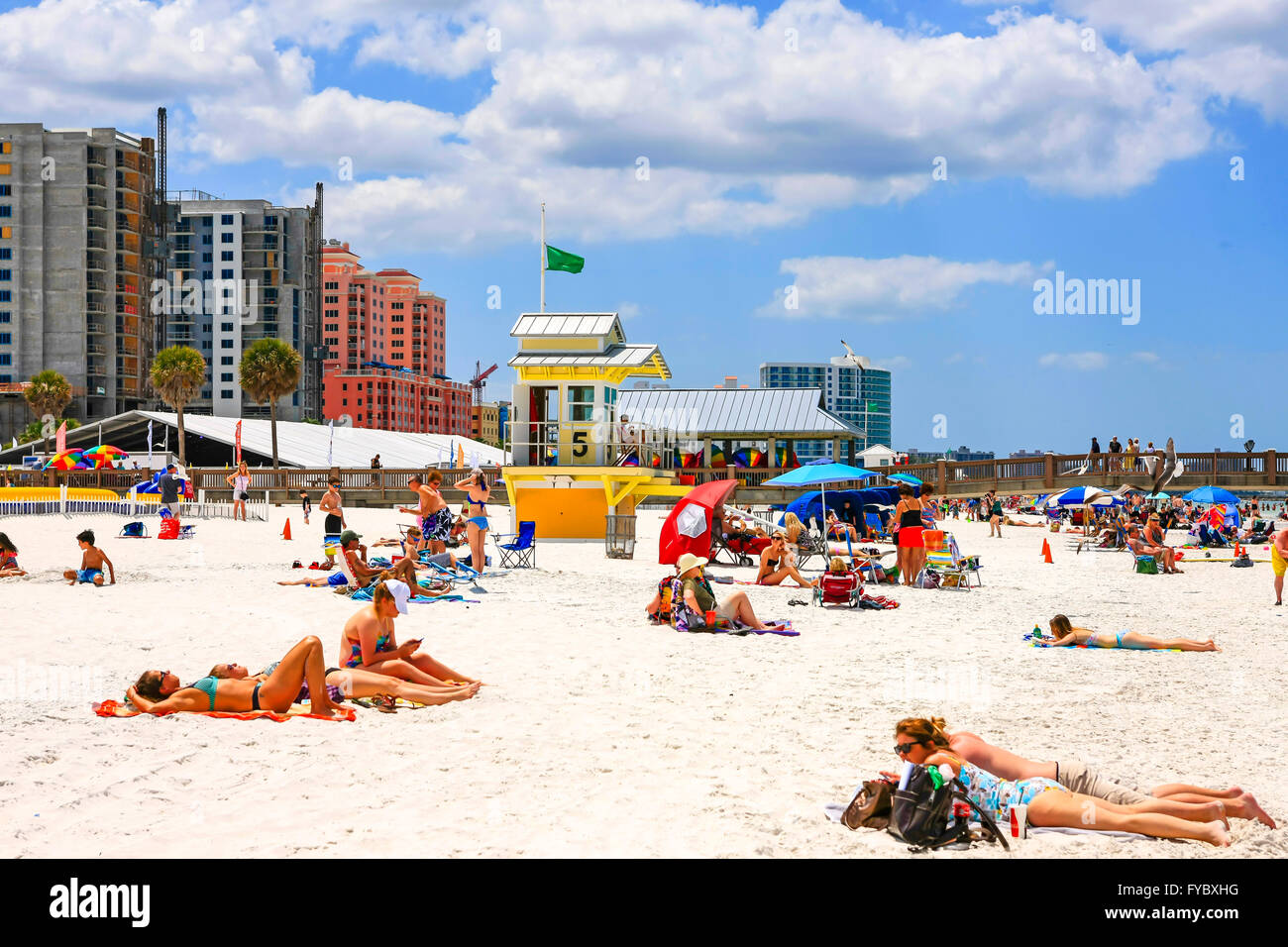 Lifeguard tower and people on Clearwater beach Florida, voted the