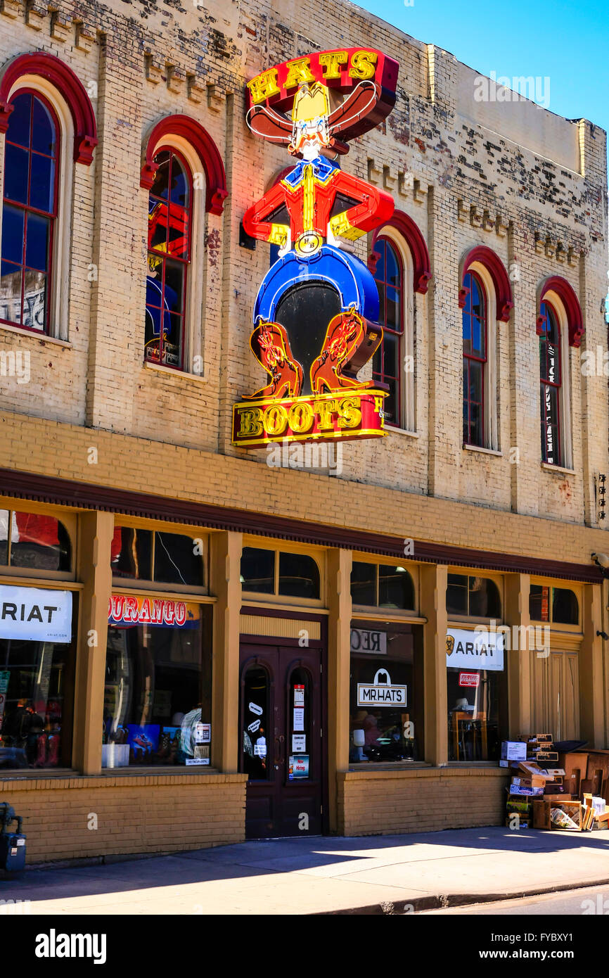 Hats and Boots store neon sign on 3rd Street S in downtown Nashville, Tennessee Stock Photo