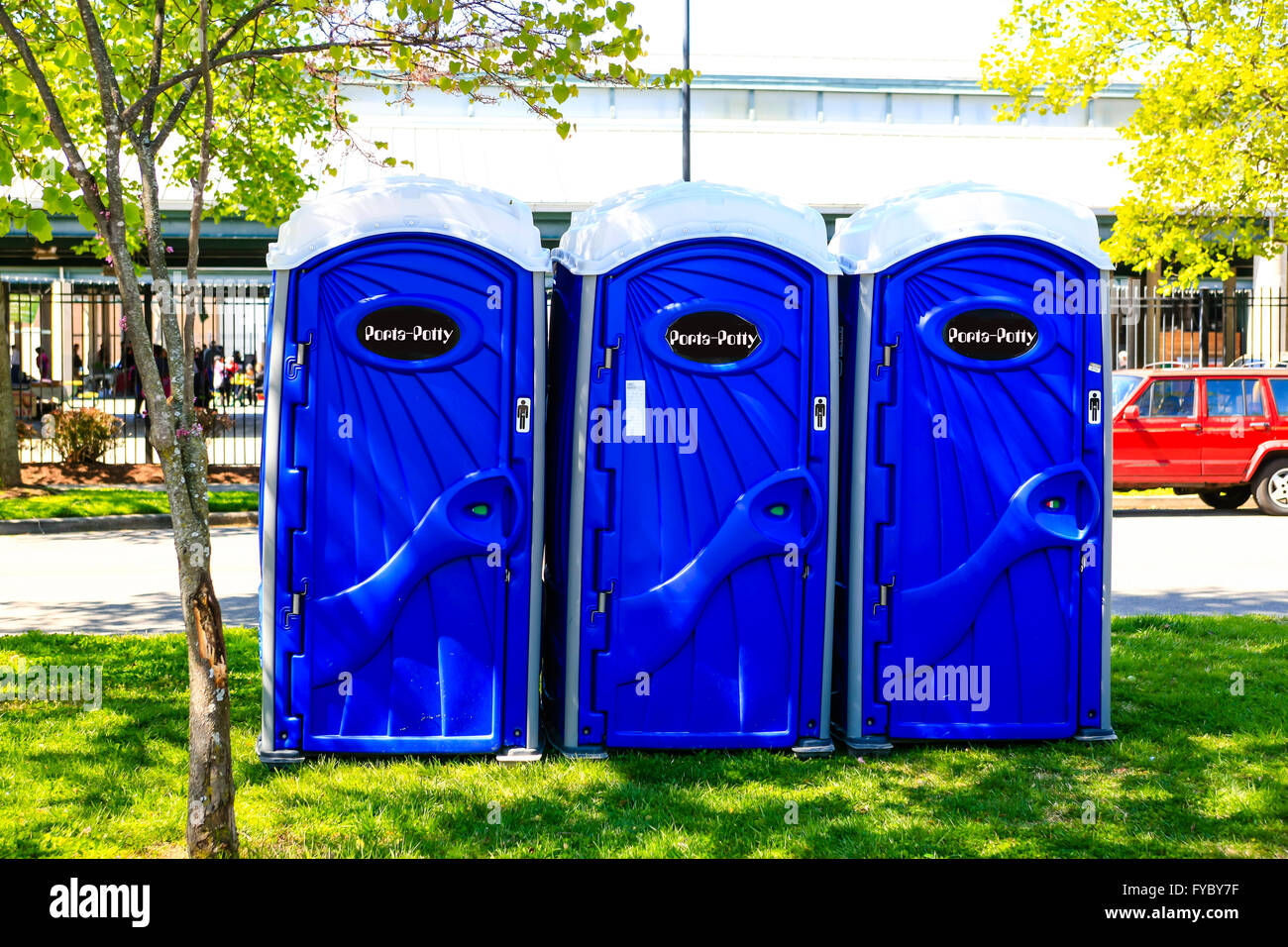 Line of blue plastic port-a-loo cabins in Nashville Stock Photo