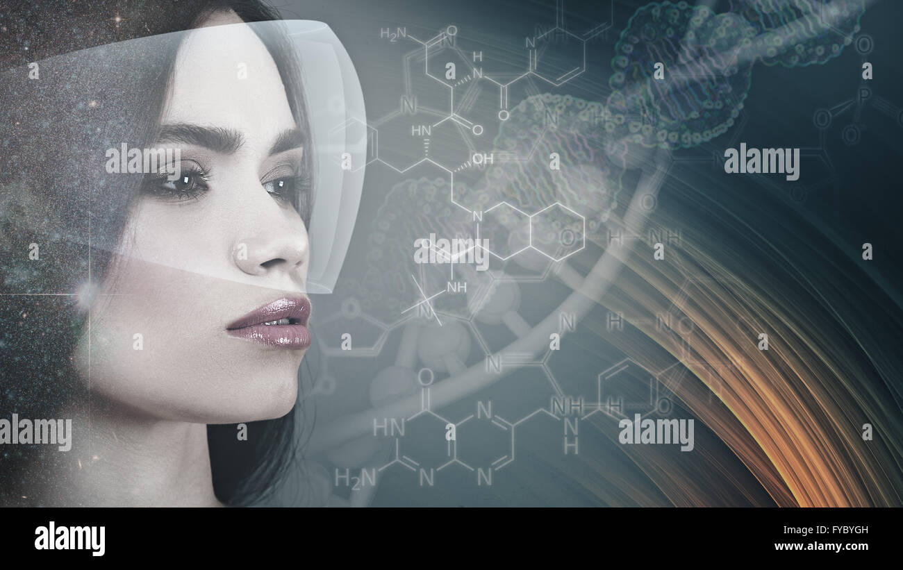Evolution, female portrait against abstract science backgrounds Stock Photo