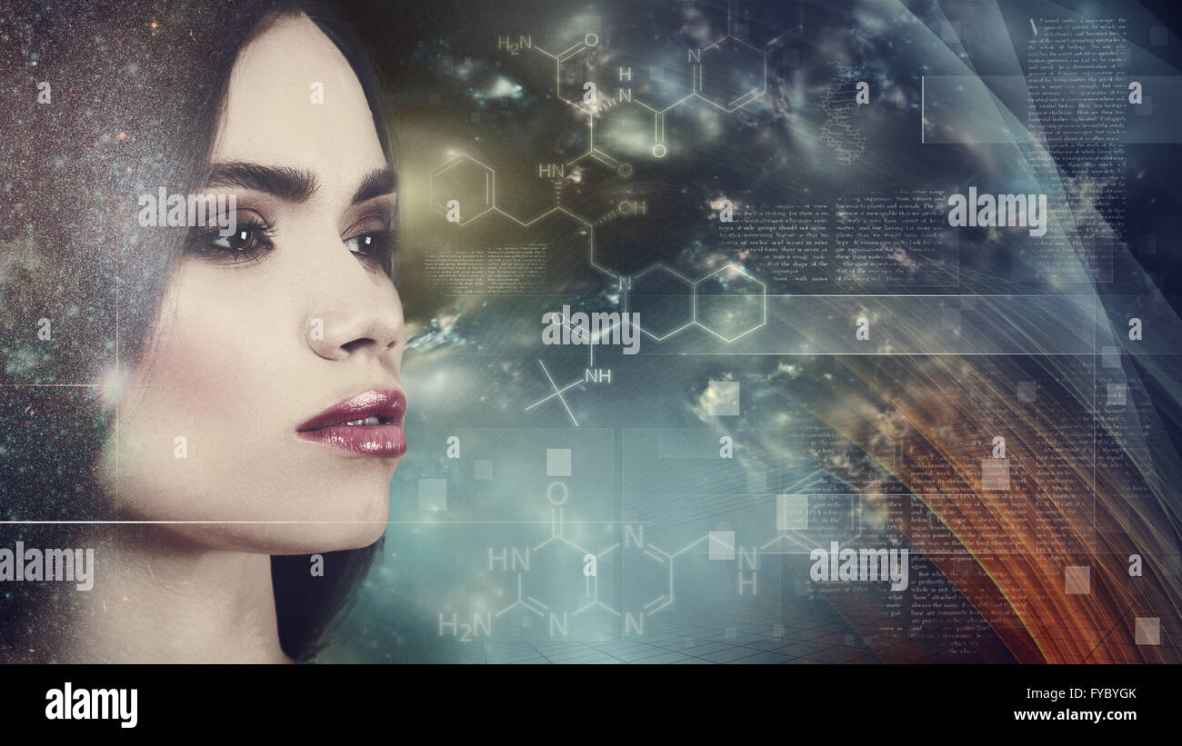 Evolution, female portrait against abstract science backgrounds Stock Photo
