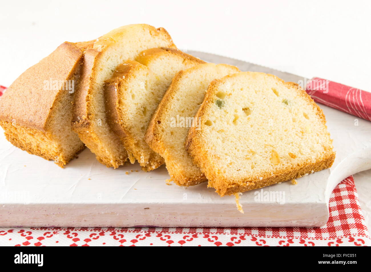 Homemade fruit bread slices on a board Stock Photo