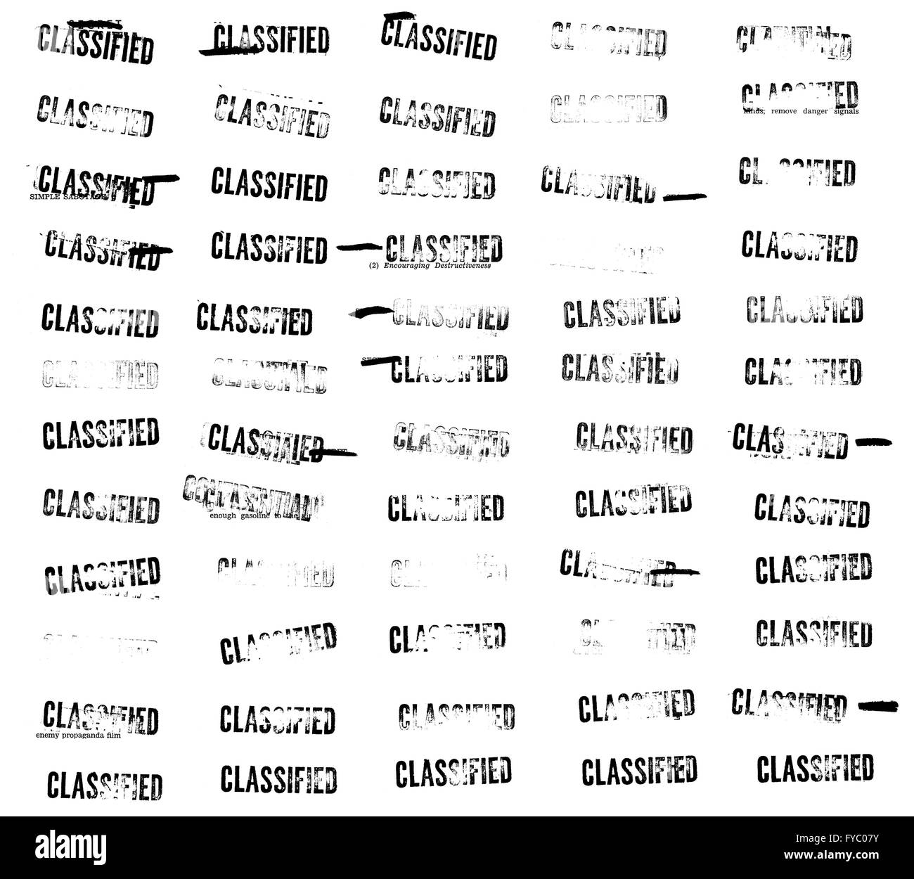 Sixty (60) classified stamps and redactions from an official Cold War sabotage manual Stock Photo
