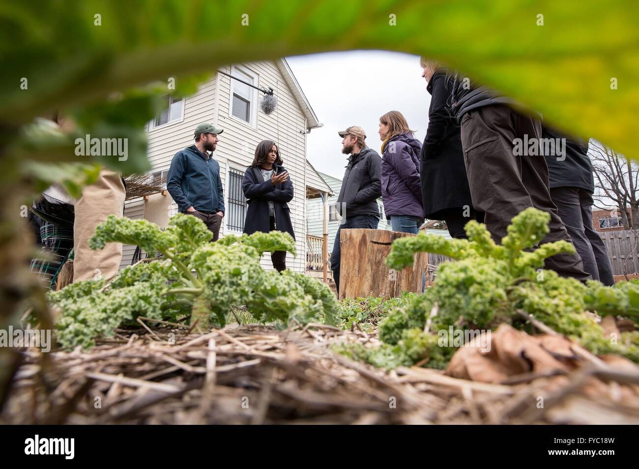U.S First Lady Michelle Obama visits a garden in support of her 'Let's Move!' initiative at the home of Eriks Brolis & Linda Bilsens February 25, 2016 in Washington, D.C. Stock Photo