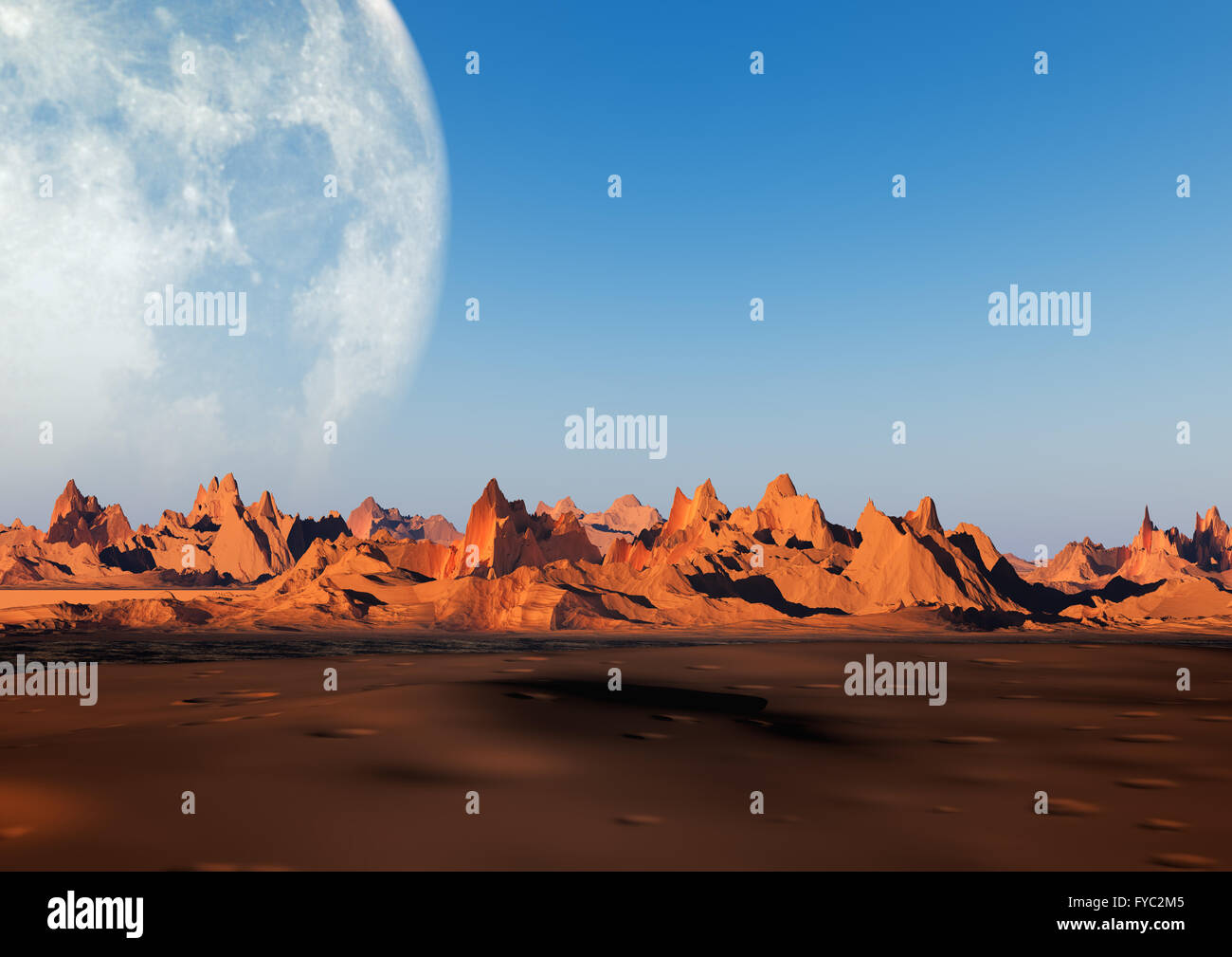 3D illustration of mountain landscape with big moon on background Stock Photo