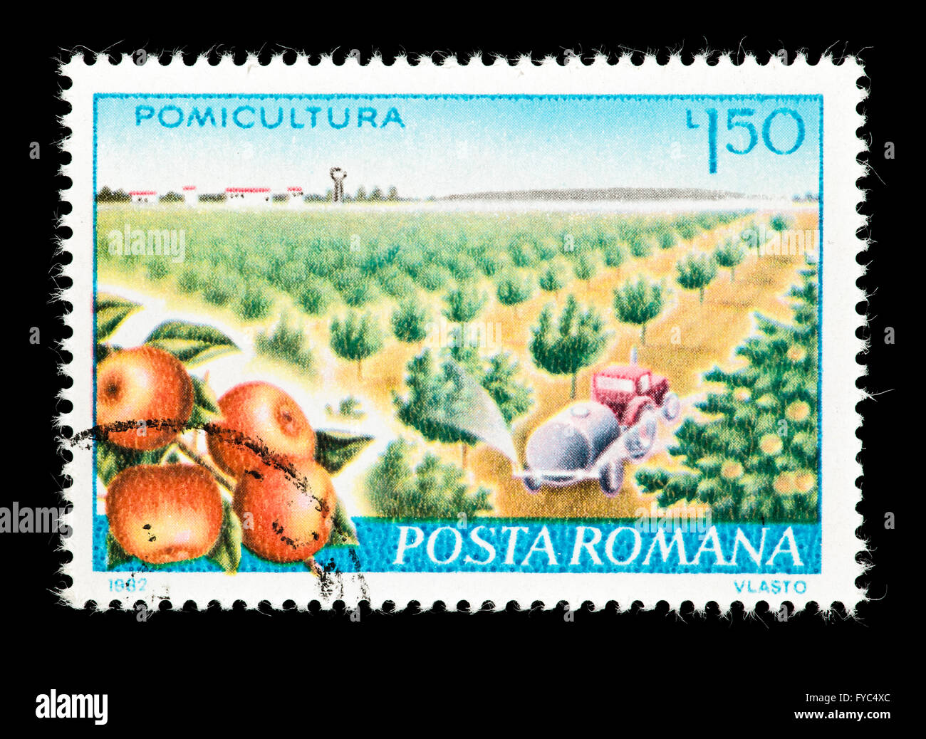 Postage stamp from Romania depicting an apple orchard Stock Photo