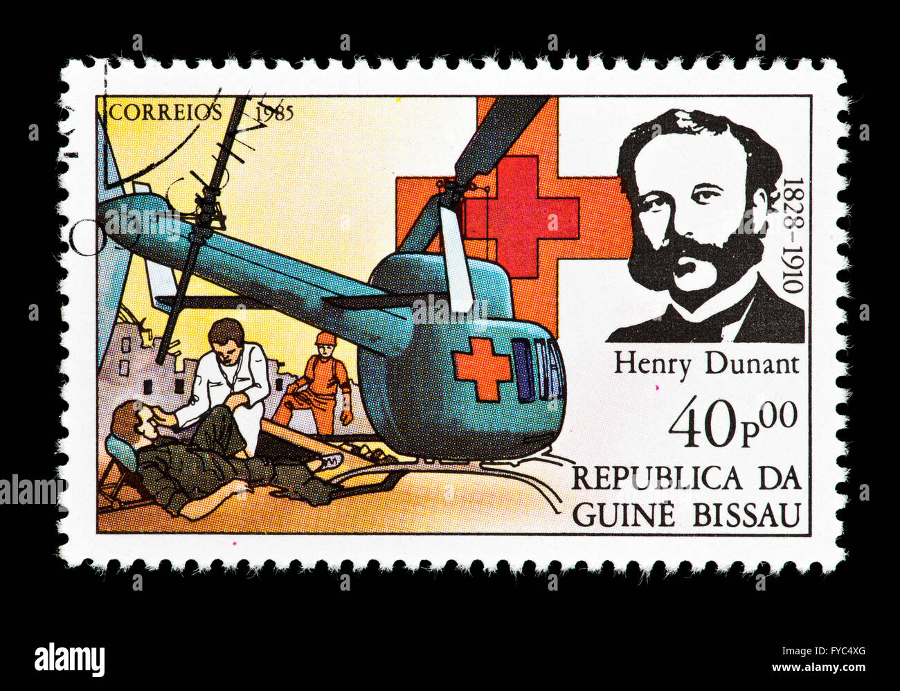 Postage stamp from Guinea Bissau depicting Henry Dunant, founder of the International Red Cross. Stock Photo