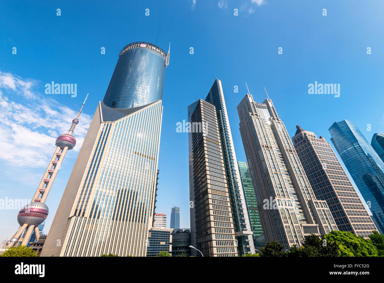 Shanghai, China -Oct 5, 2015:  Oriental Pearl Tower and Bank of China Tower at Lujiazui. Since the early 1990s, Lujiazui has bee Stock Photo