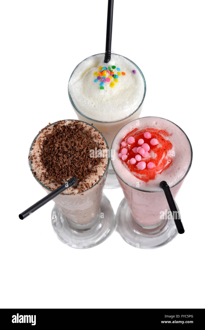 three types of milkshake drink on white background Stock Photo Alamy