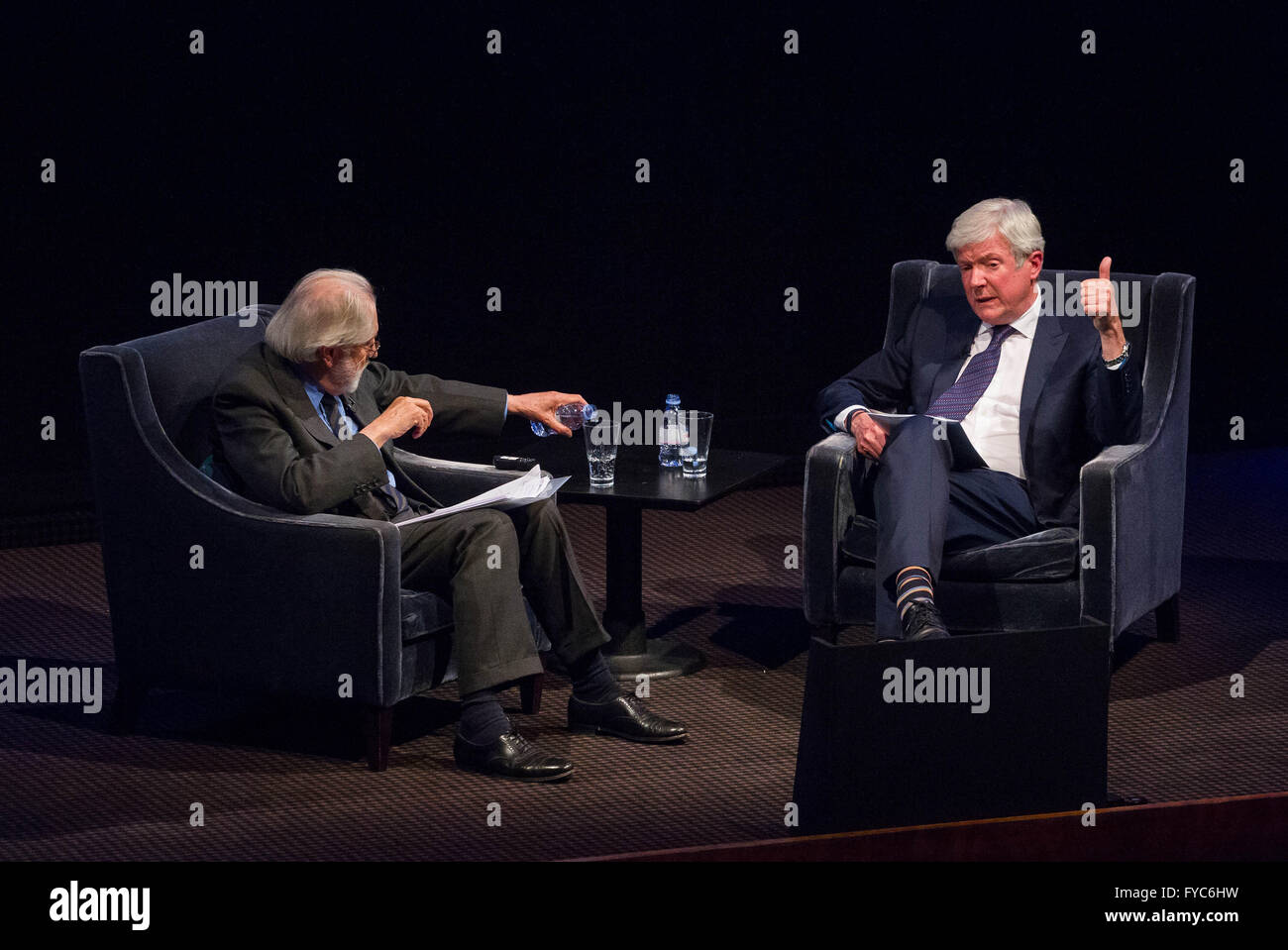 Tony Hall, Director General of the BBC, in conversation with Lord Puttnam. Stock Photo