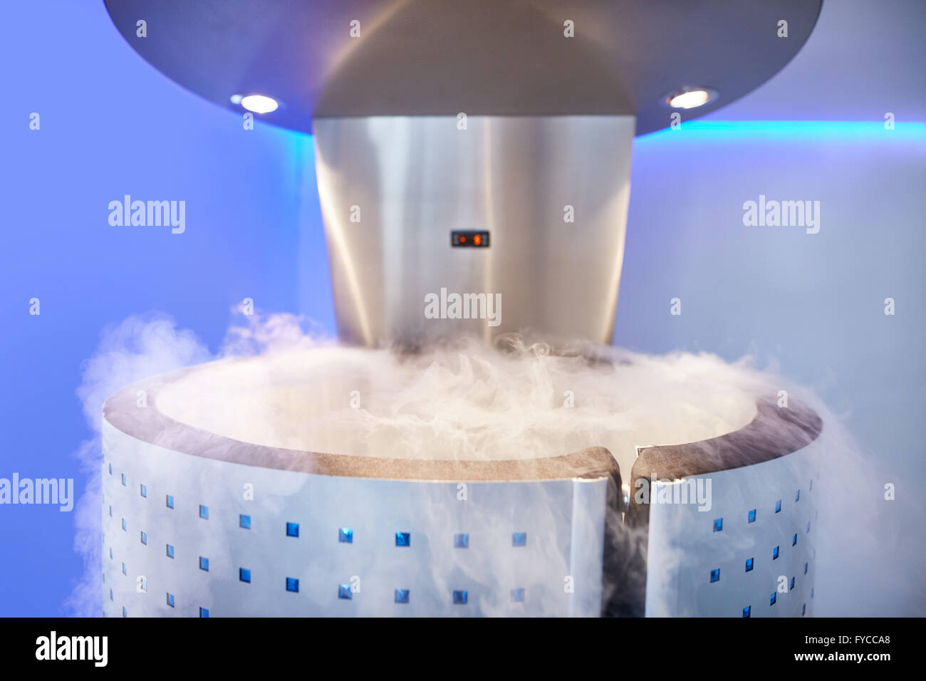 Cryotherapy capsule in cosmetology clinic. Cryo sauna for whole body cryotherapy treatment. Stock Photo