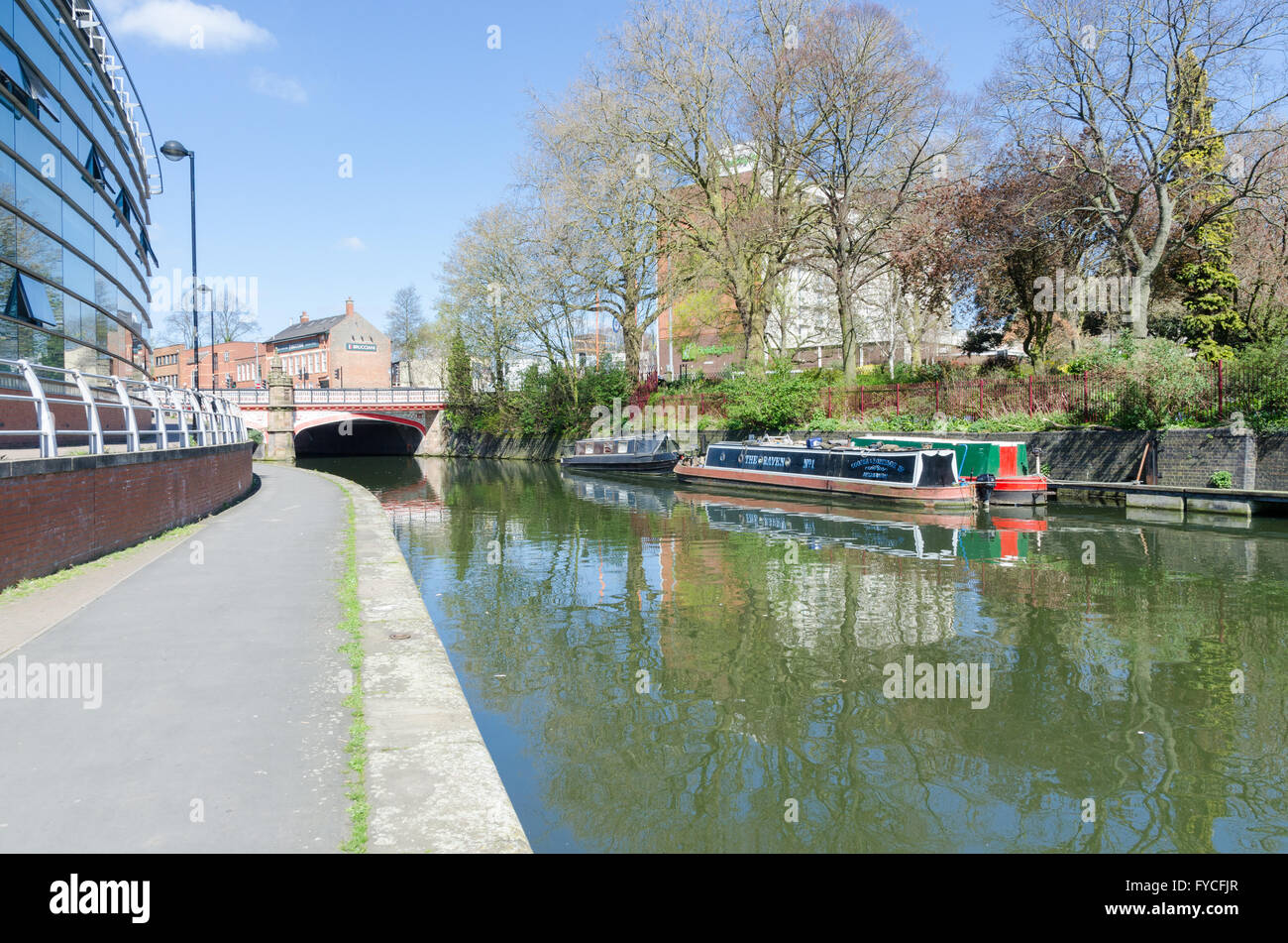 Narrowboats moored on the River Soar in the centre of Leicester Stock Photo