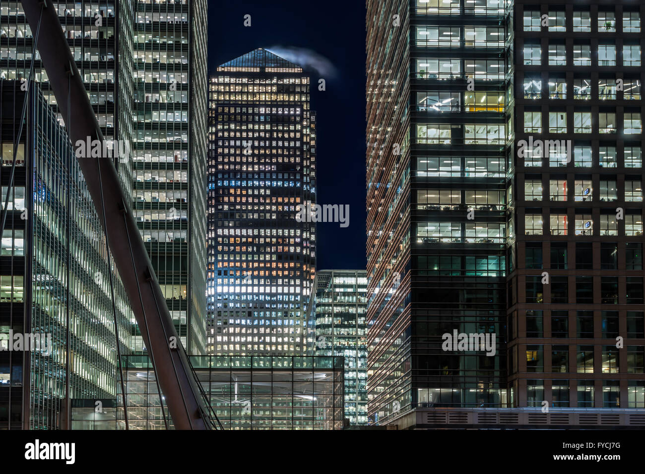 Canary Wharf at night, offices in Canary Wharf, London Stock Photo