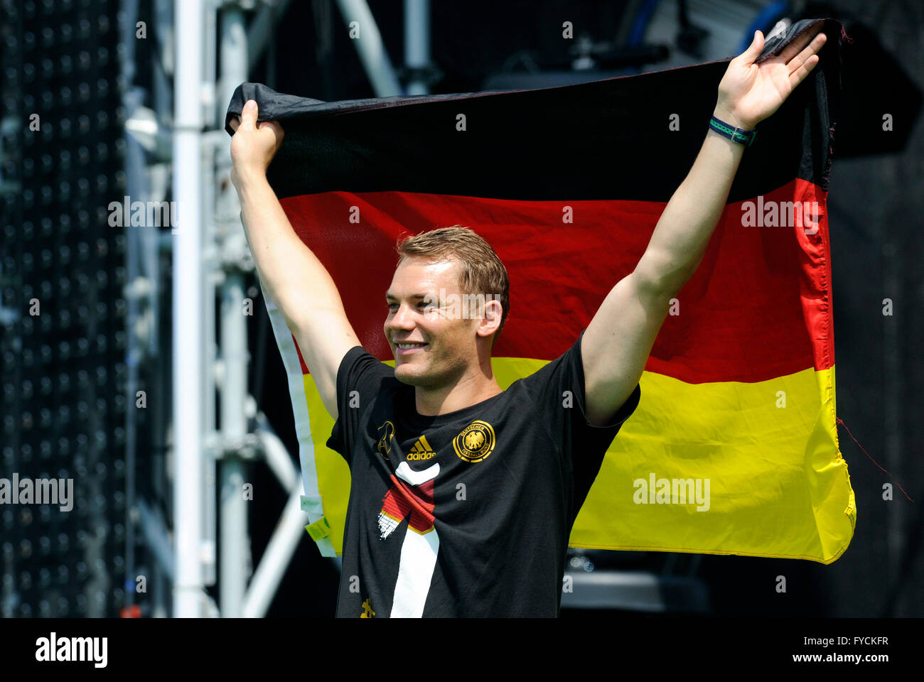 Manuel Neuer with the Germany flag, reception of the German national team after their victory at the FIFA World Cup 2014, fan Stock Photo