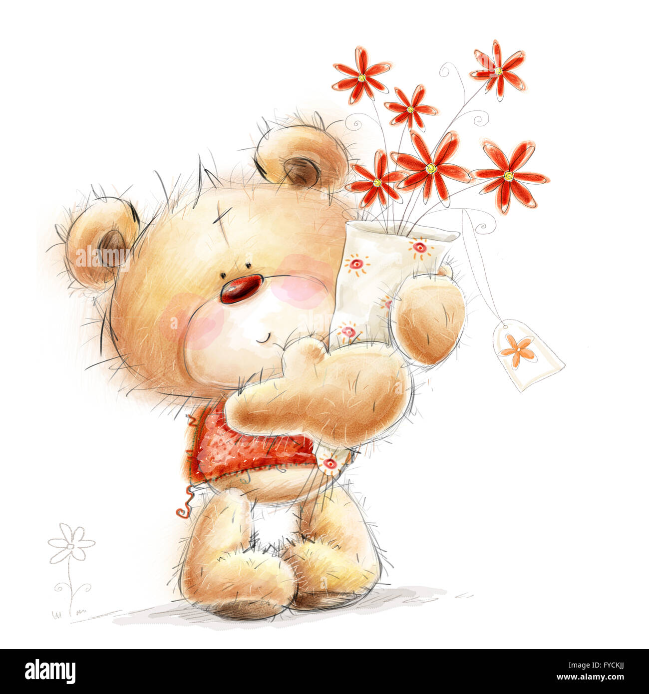 Cute Teddy bear with the red flowers. Background with bear and flowers. Hand drawn teddy bear isolated on white background. Stock Photo