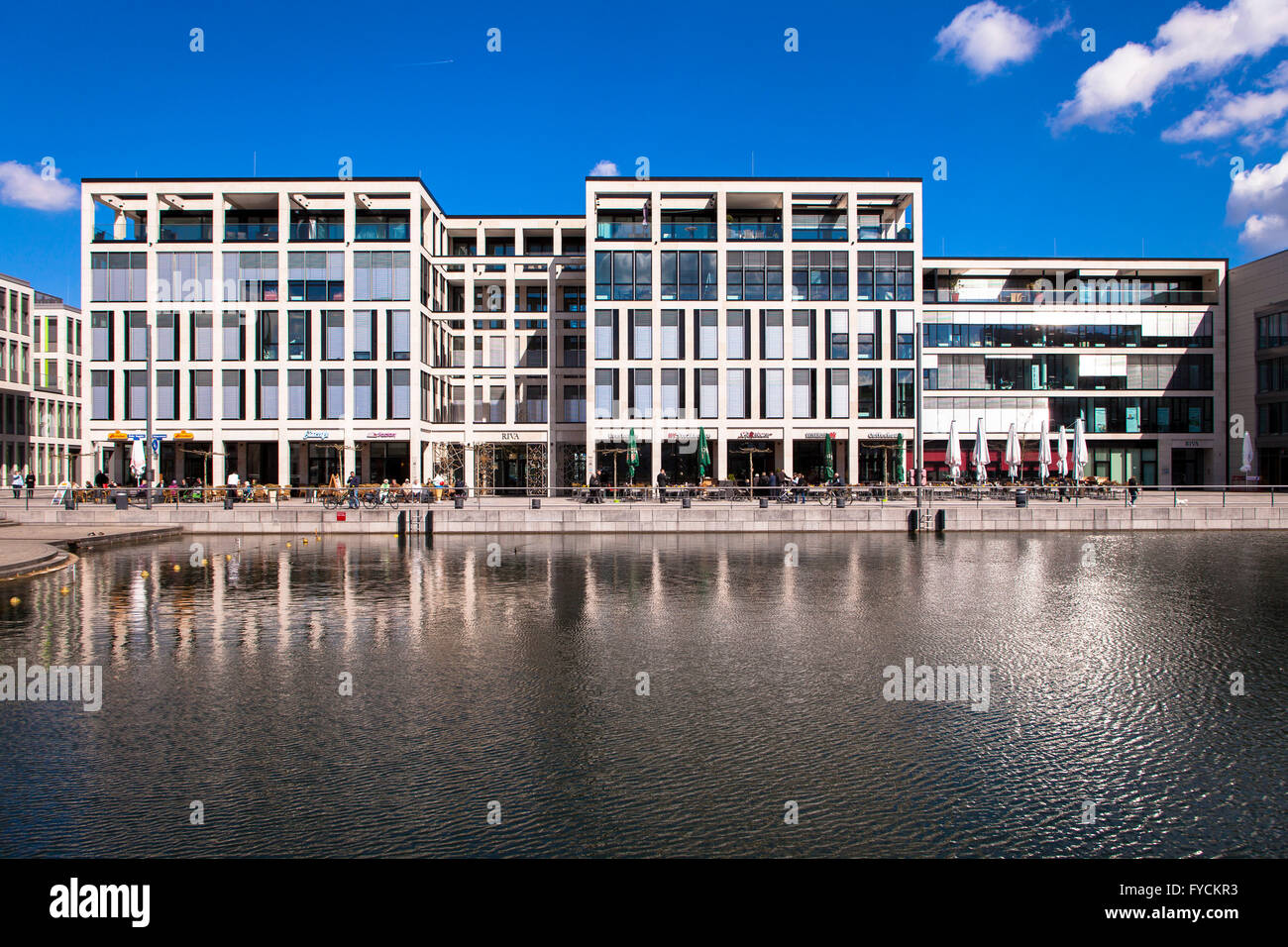 Europe, Germany, North Rhine-Westphalia, Dortmund, office buildings and restaurants at the Seeweg at lake Phoenix in the distric Stock Photo