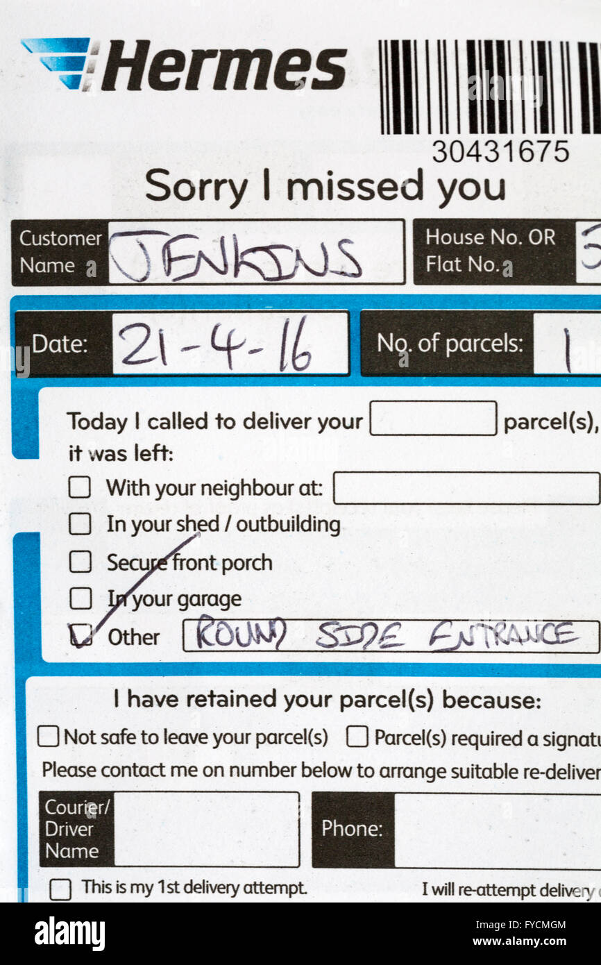 Sorry I missed you - card left by Hermes courier as no one home to receive parcel package mail Stock Photo