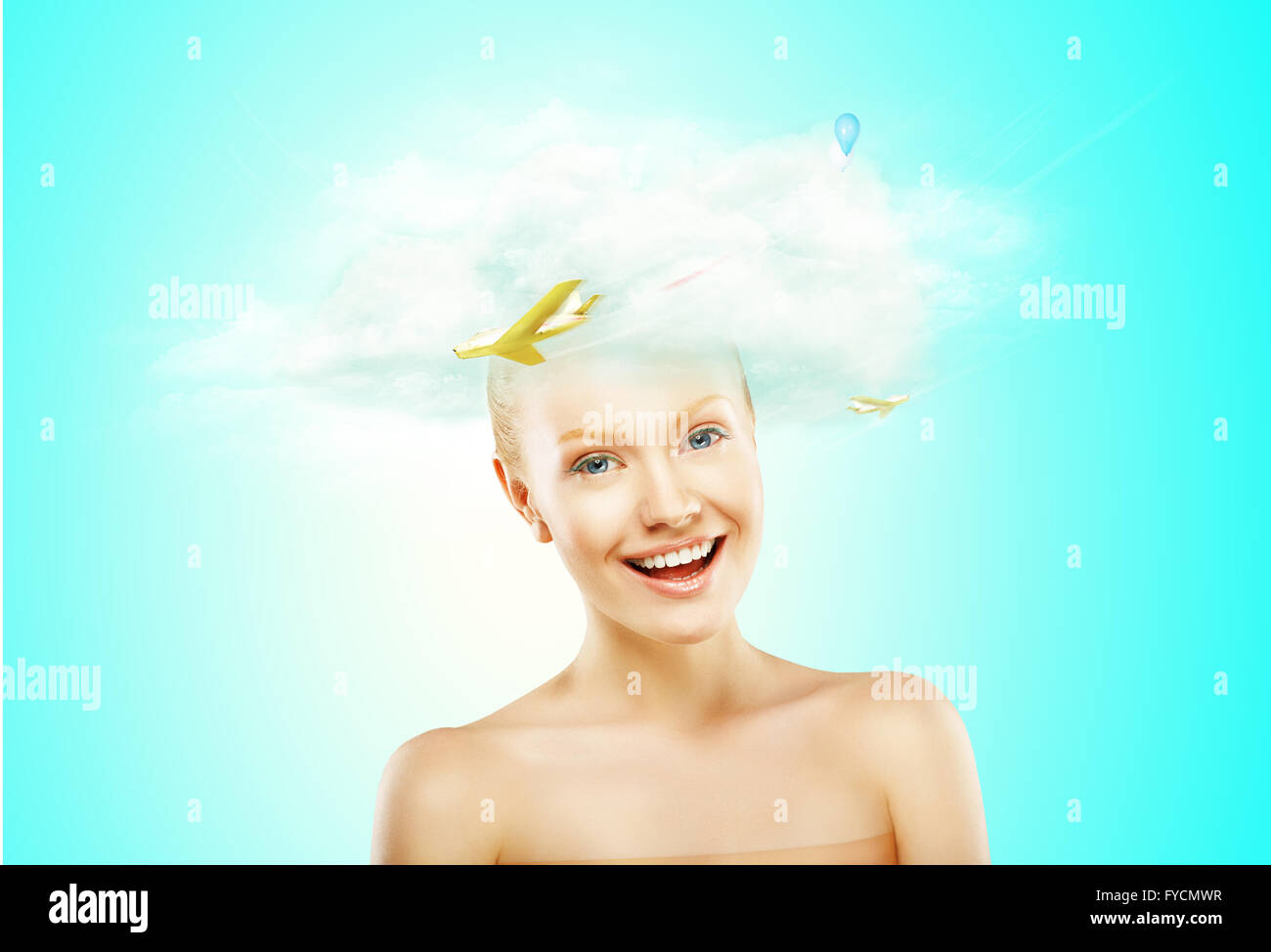 Woman standing with his head in cloud. Stock Photo