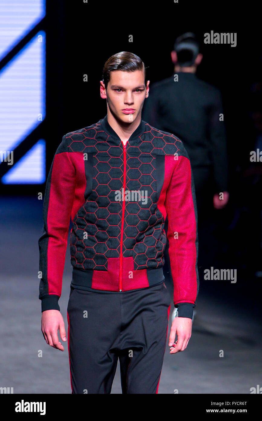 BARCELONA - FEB 4: Alvaro Silveira (model) walks the runway for the Miquel Suay collection at the 080 Barcelona Fashion Week 201 Stock Photo