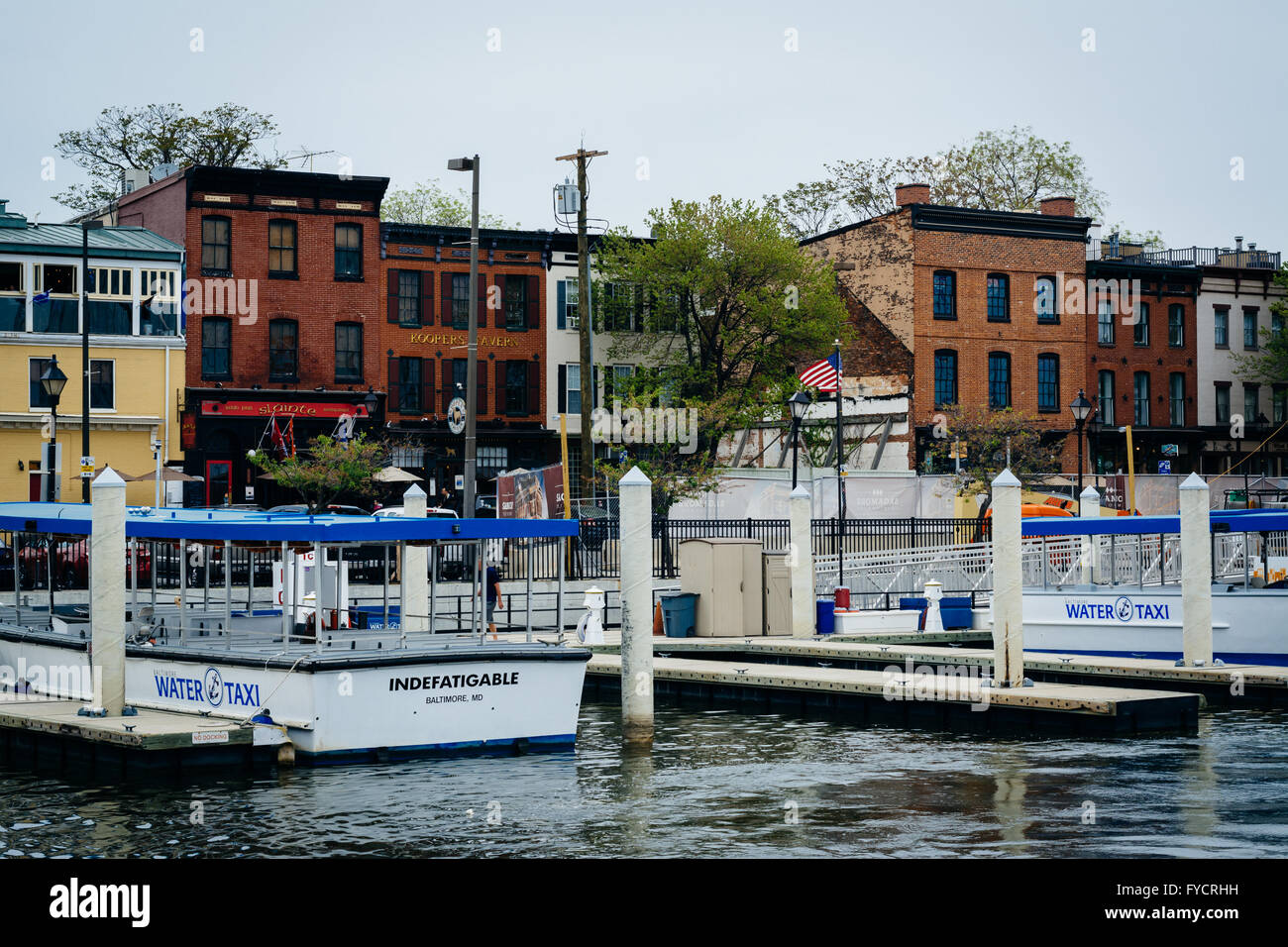 Boats and buildings in Fells Point, Baltimore, Maryland. Stock Photo