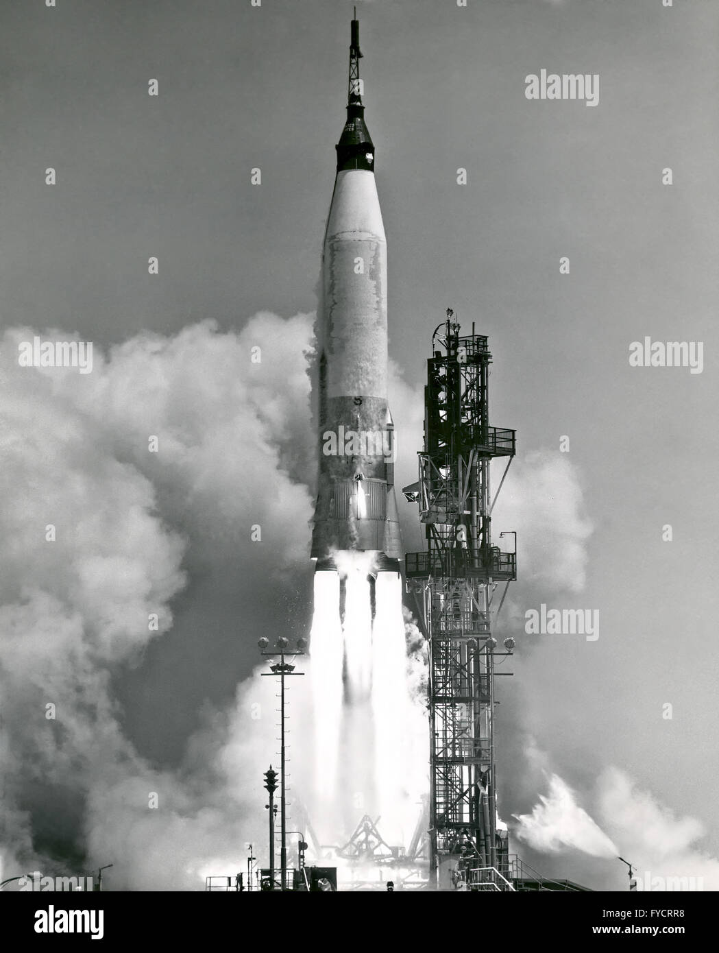 Test launch of the Mercury Atlas rocket blasts off from the Kennedy Space Center April 25, 196 in Cape Canaveral, Florida. The Mercury-Atlas vehicle was destroyed by Range Safety Officer about 40 seconds after liftoff as the test was successful. Stock Photo