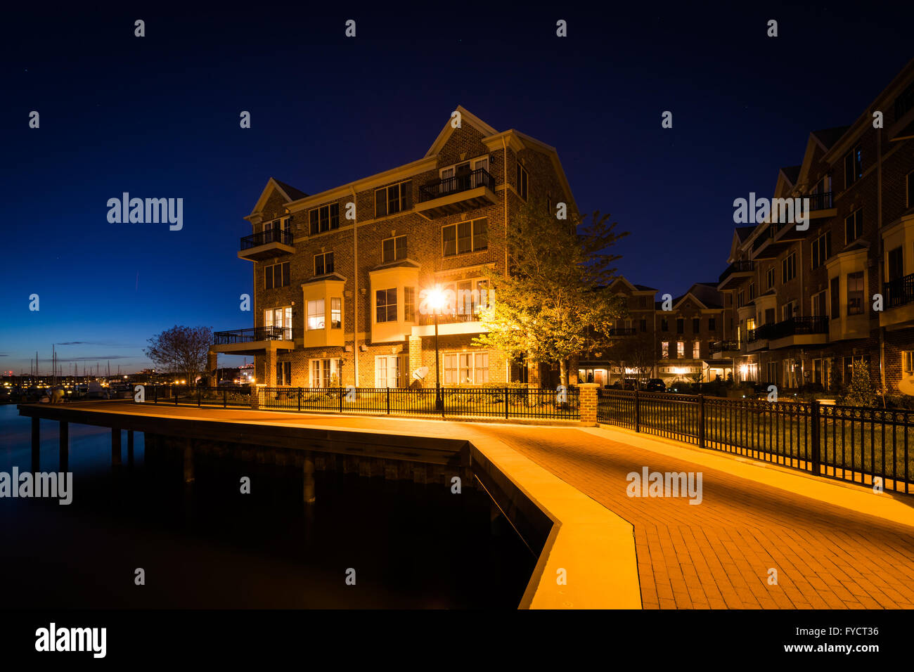 Waterfront apartment building at night, in Canton, Baltimore, Maryland
