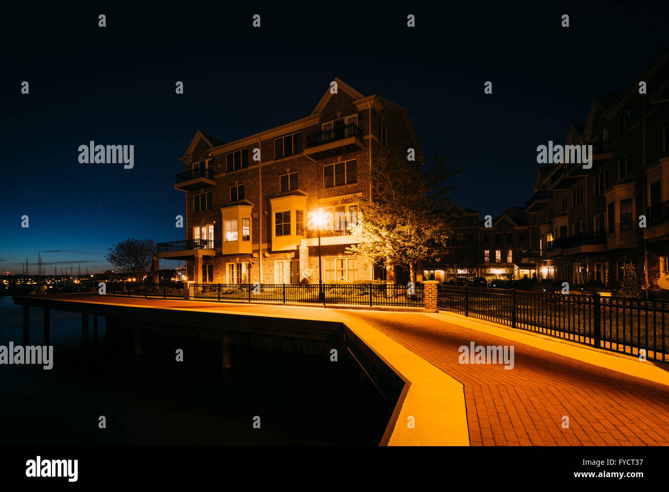 Waterfront apartment building at night, in Canton, Baltimore, Maryland