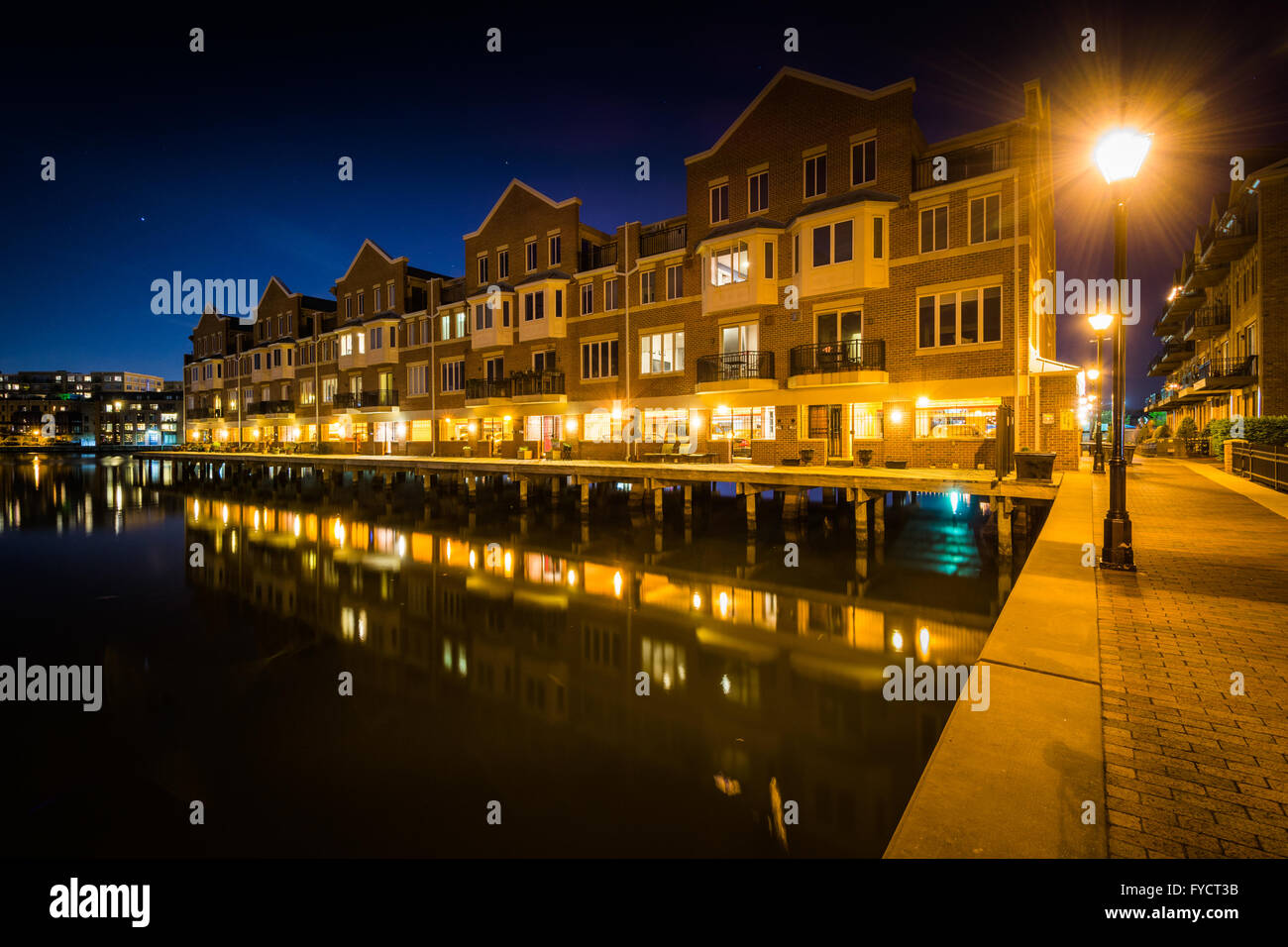 Waterfront apartment building at night, in Canton, Baltimore, Maryland