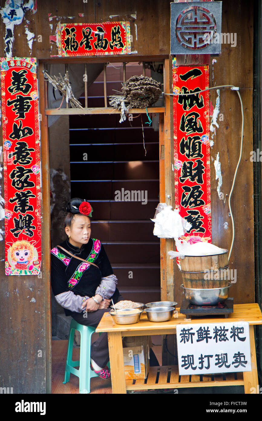 Food stall in the Dong minority village of Xijiang Stock Photo