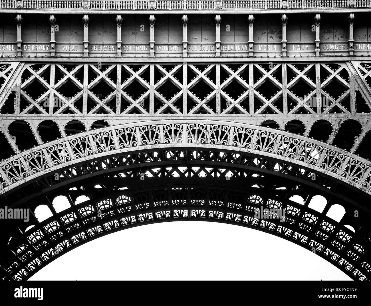 Detail of the steel structure of the Eiffel Tower in monochrome and high key. Stock Photo