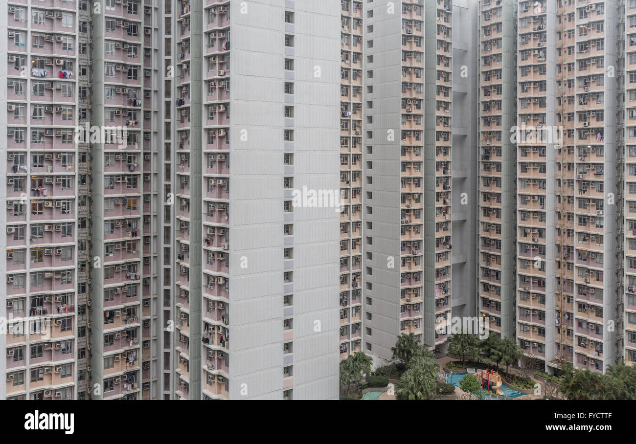 Architectural image of the Densely populated area of Sai Wan Ho, on Hong Kong Island. Stock Photo
