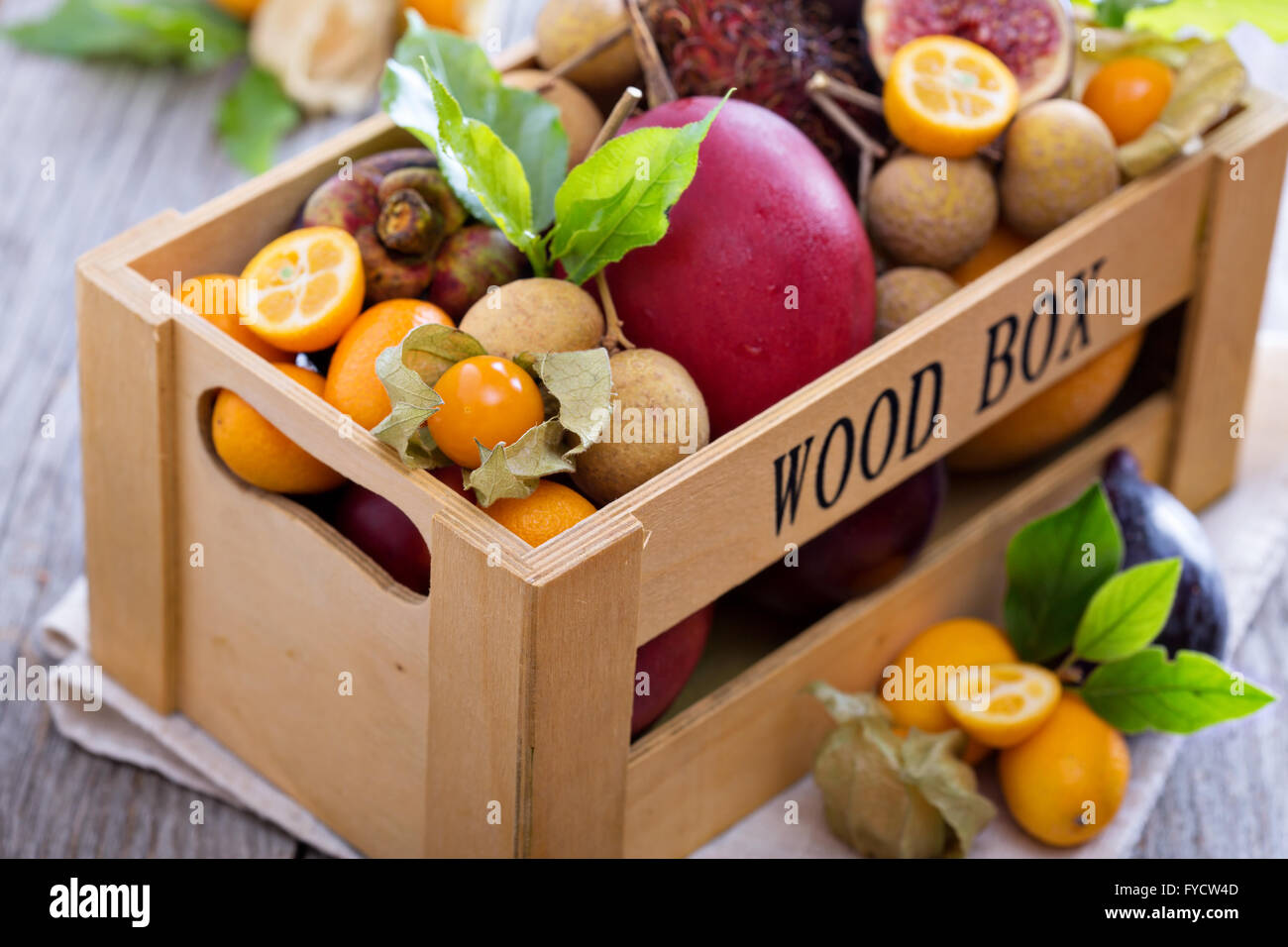 Exotic fruits in a crate Stock Photo Alamy