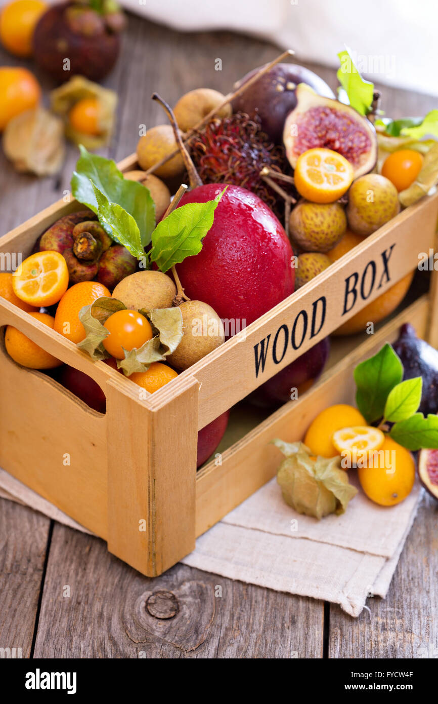 Exotic fruits in a crate Stock Photo Alamy
