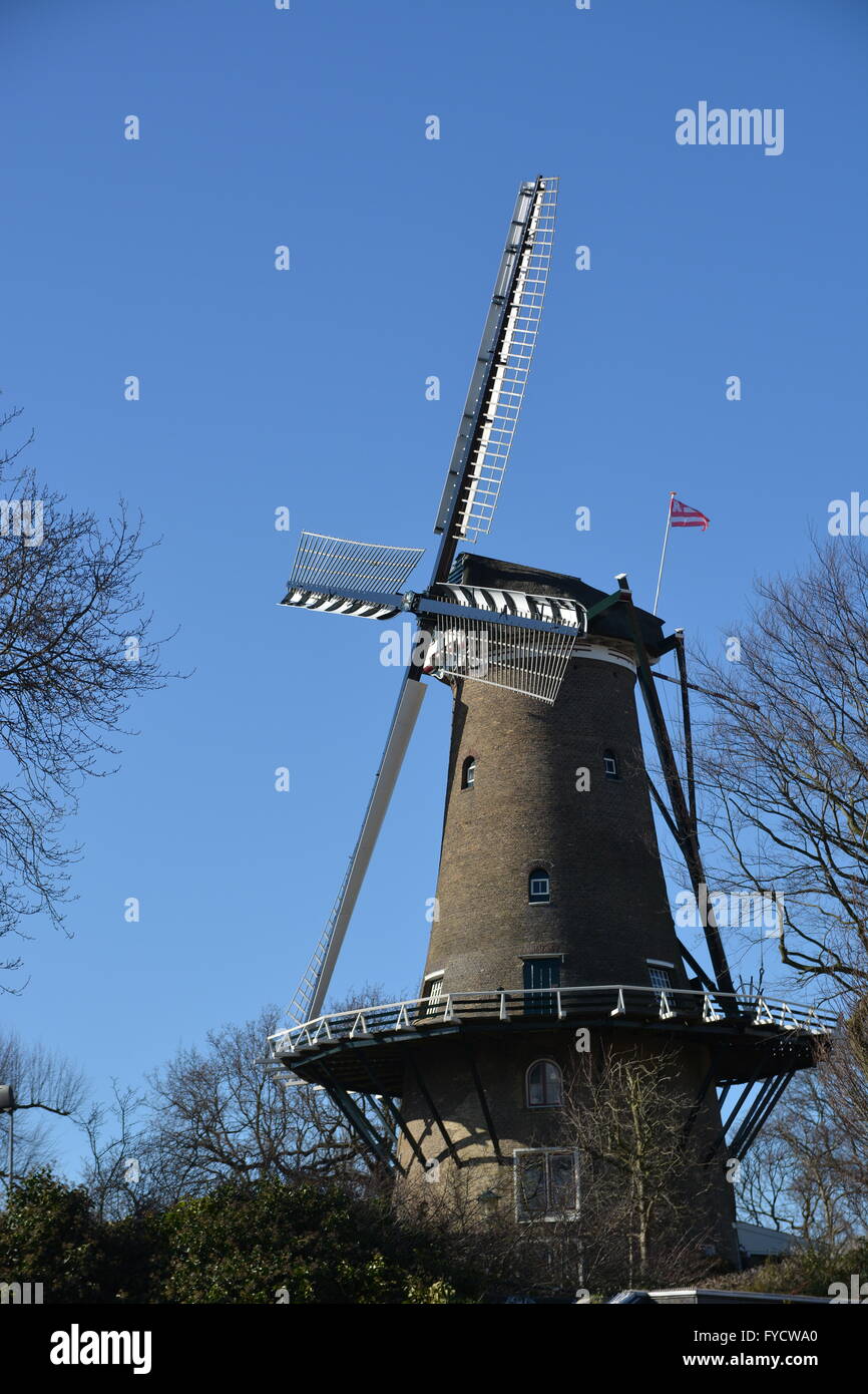 Alkmaar, Netherlands - March 27, 2016: Windmill with blue sky in Alkmaar Stock Photo