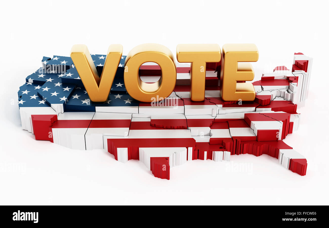 Golden vote text standing on USA map covered with USA flag isolated on white background Stock Photo